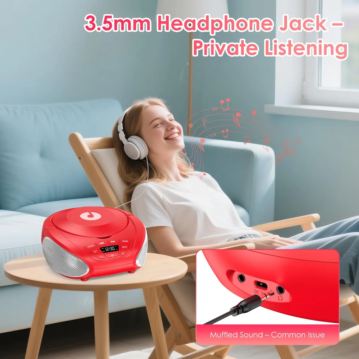Gueray Tragbarer CD-Player Boombox Kompakt-Radio mit Stereo-Lautsprechern UKW-Radio 3,5-mm-AUX-Eingang, Kopfhöreranschluss und LCD-Display für Innenräume Outdoor Reisen & Hörbücher (Rot)