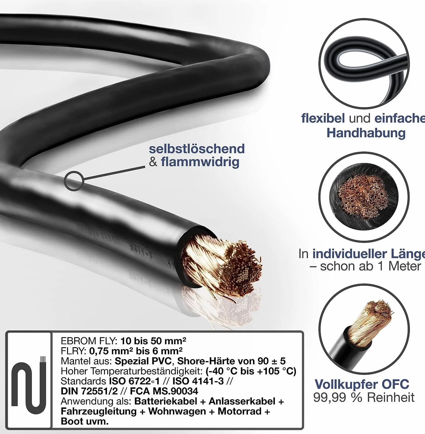 EBROM FLY Fahrzeugleitung SCHWARZ KFZ Leitung Batteriekabel – Querschnitt 50 mm² - Meterware – flexibel 90 ± 5 Shore, 100% Kupfer, Mantel Spezial PVC FLY FLRy - Starterkabel, Fahrzeugkabel in 50mm2
