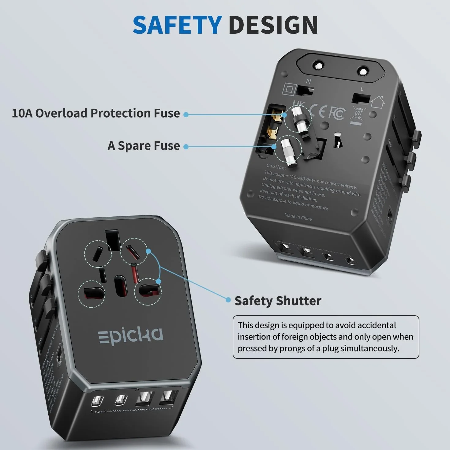 EPICKA Reiseadapter Weltweit, Universal Reisestecker Adapter 30W, Internationaler Steckdosenadapter mit 3 USB-C, 2 USB-A, Travel Adapter für Deutschland US UK Japan Thailand Australien TA-105C Schwarz