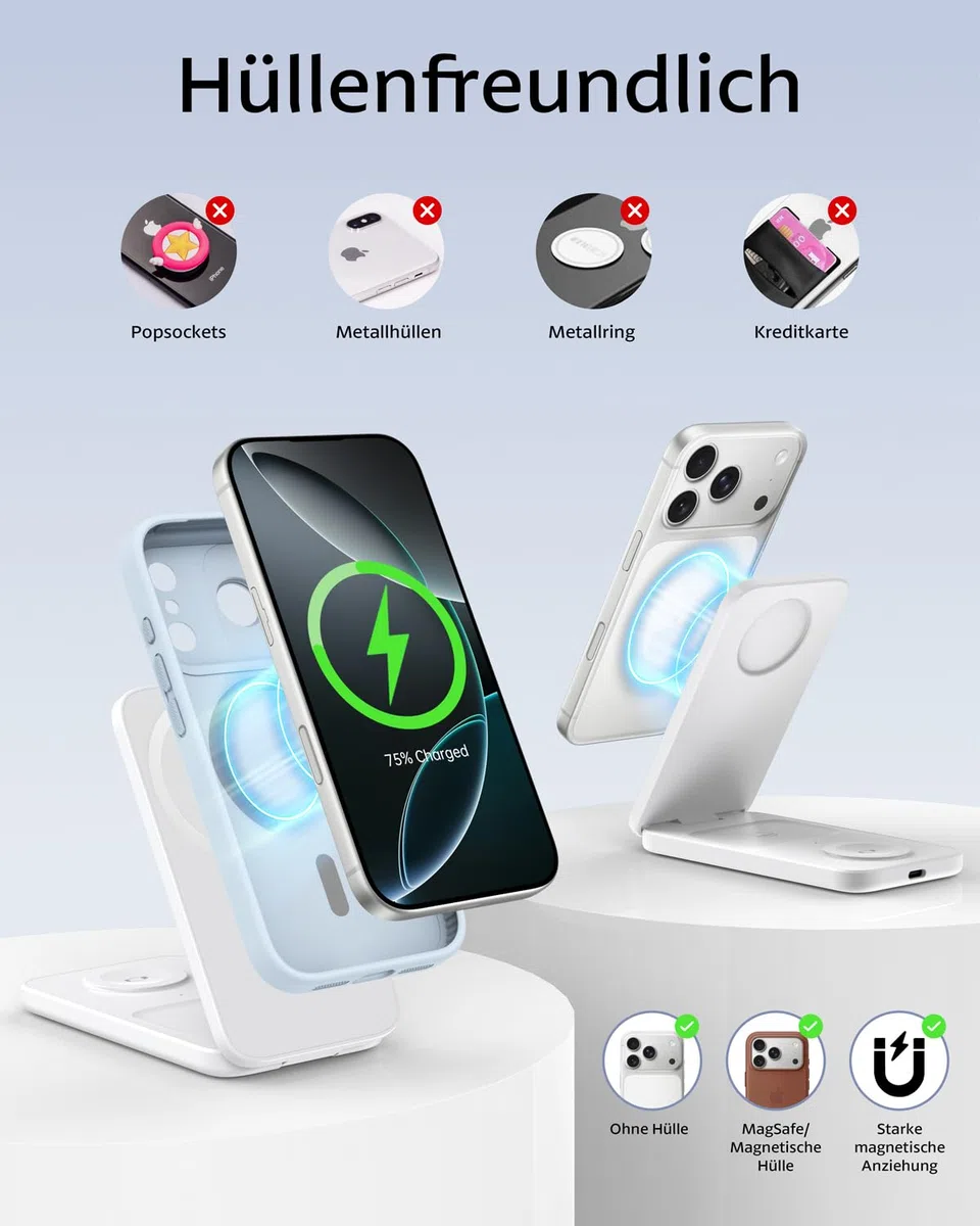 Ladestation Apple Watch und iPhone, 3 in 1 Magnetische Induktive Ladestation für iPhone 12-17 Serie, Apple Watch Ultra/SE/11-6, für AirPods 4/3/2/Pro 3 Faltbares Wireless Charging Dock