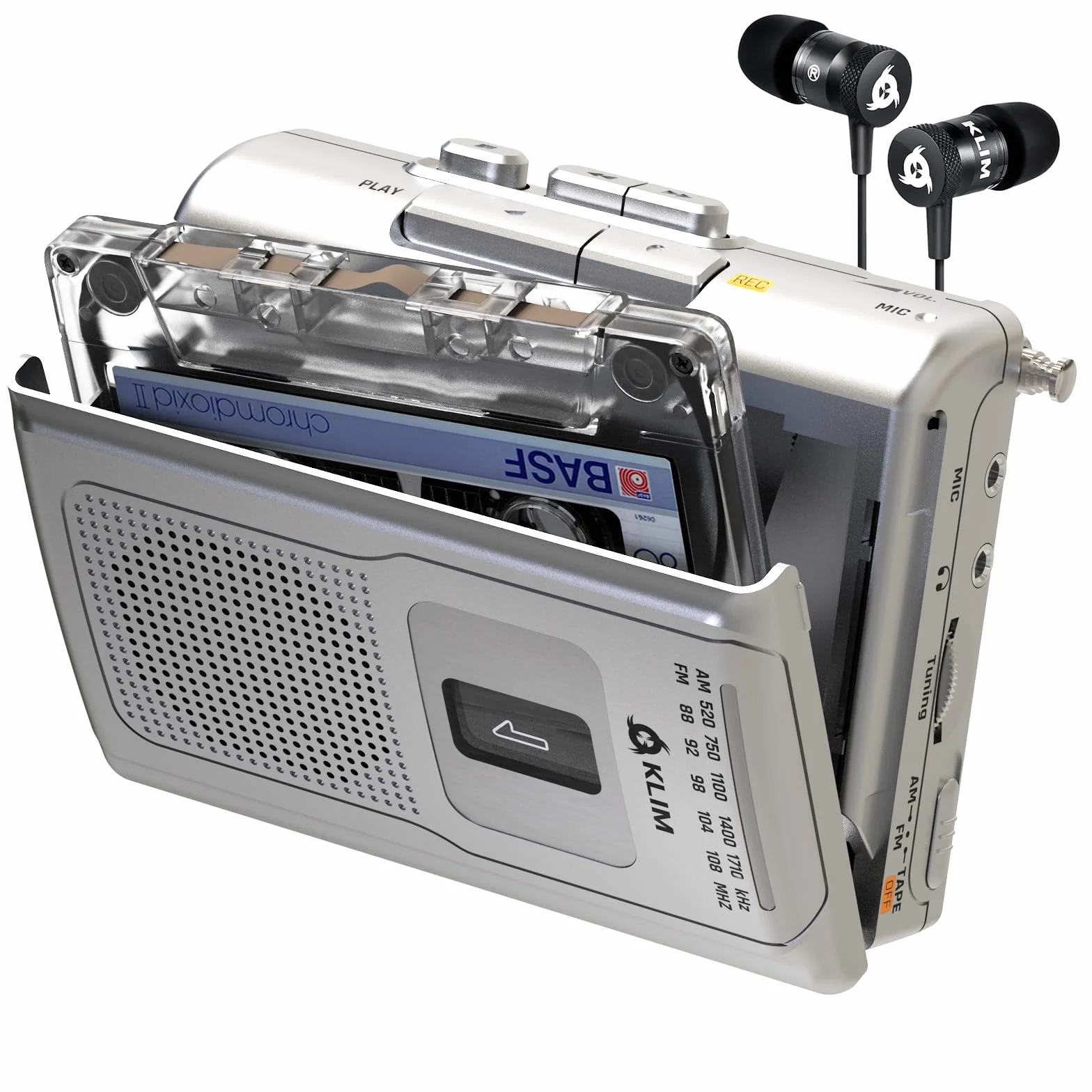 KLIM K8 Kassettenspieler - Kassettenrekorder - NEU Cassette Player - AM/FM Kassettenradio - Eingebautes Mikrofon & Lautsprecher - Kopfhöreranschluss & Ohrhörer - Silber