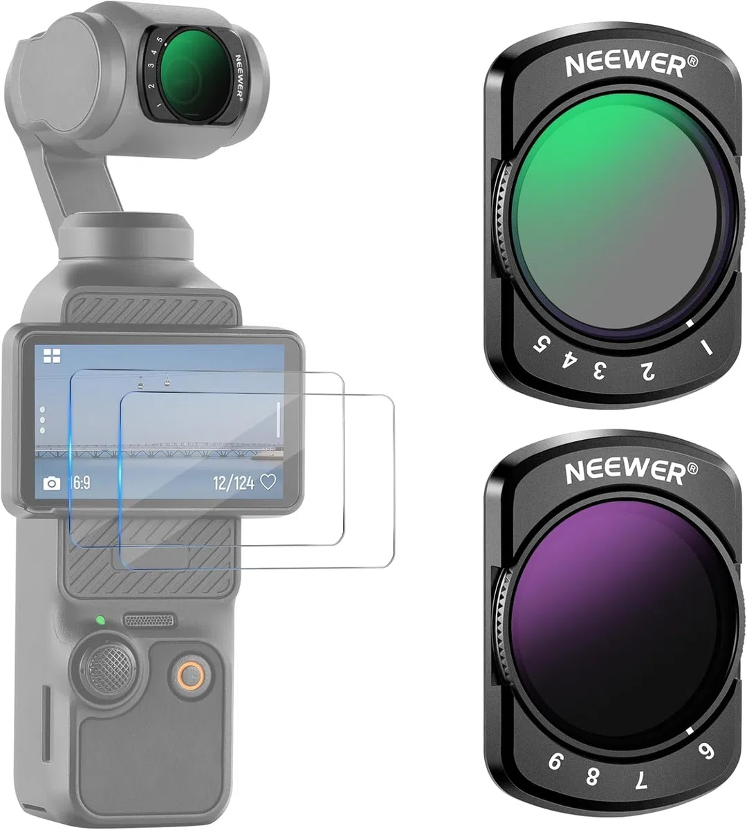 NEEWER Variables ND 2-32 & 64-512 Set kompatibel mit DJI Osmo Pocket 3 / Pocket 4 / Xtra Muse, Neutraldichtefilter für Action Kameras mit begrenzter Blendenstufe & 2 Displayschutzfolien als Zubehör
