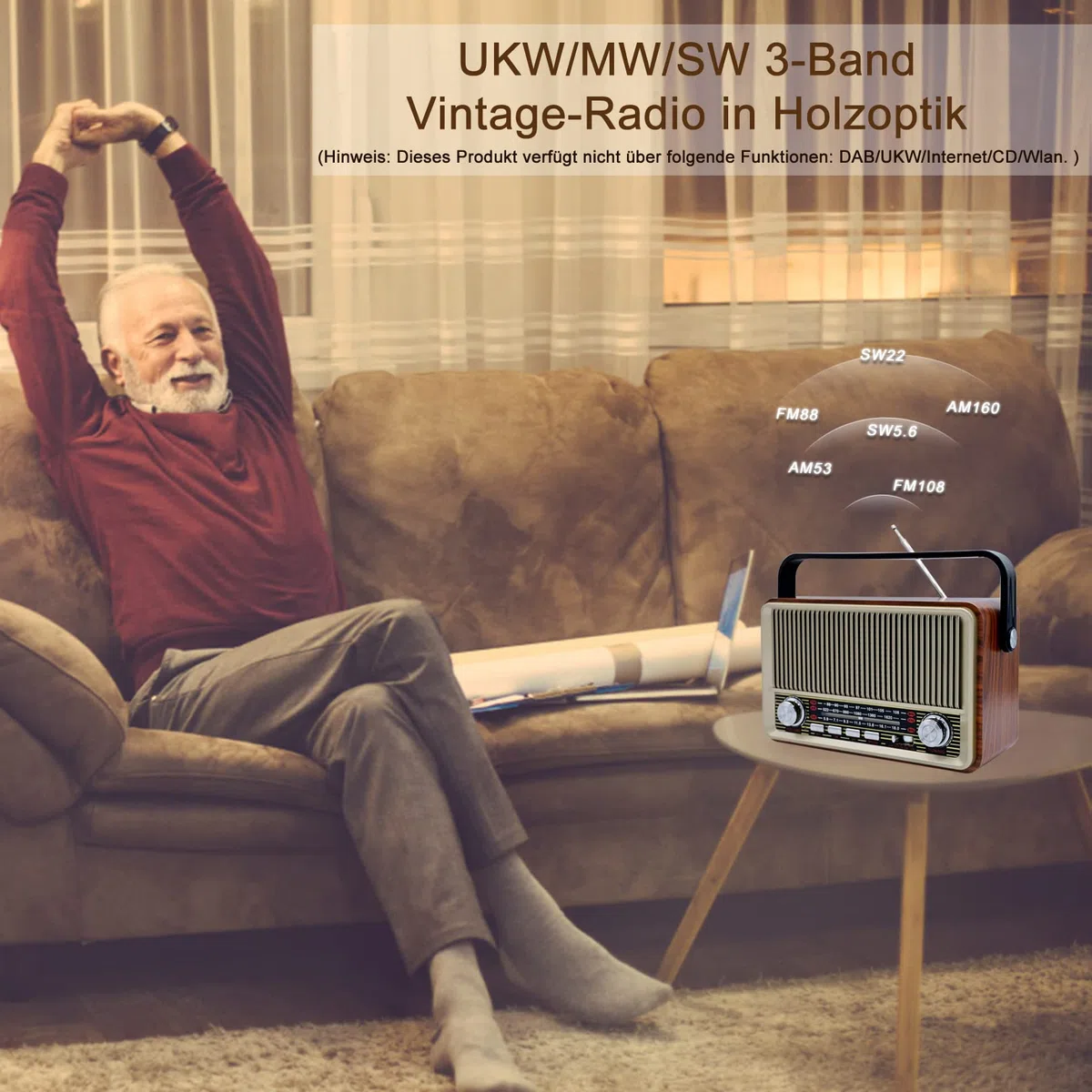 Retro Bluetooth 5.0 Radio - Nostalgie AM SW FM Vintage Gerät Mit 1200mAh Wiederaufladbarer Batterie, USB/TF Unterstützung - Für Küche, Büro Und Zuhause