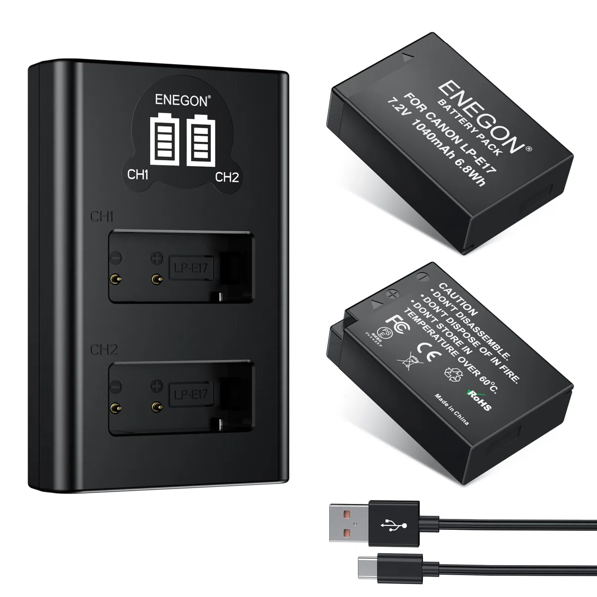 ENEGON 2 X LP-E17 1040mAh Batterien (ohne Kapazitätsverfälschung) + zweifach LCD-Ladegerät mit Doppel-Eingang, kompatibel mit Canon EOS R10/R8/RP/R50/R100/M3/M5/M6/200D/250D/750D/760D/800D/850D