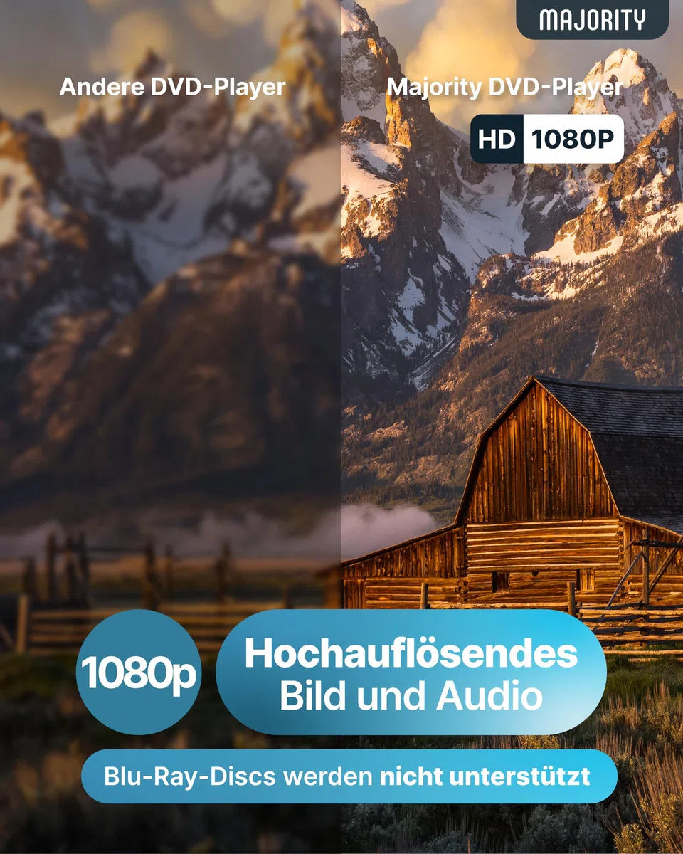 MAJORITY DVD Player | Region Free Mini DVD-Player Kompakt für TV/Fernseher | 1080p Upscaling, USB & CD Wiedergabe | Mit HDMI Kabel & Fernbedienung