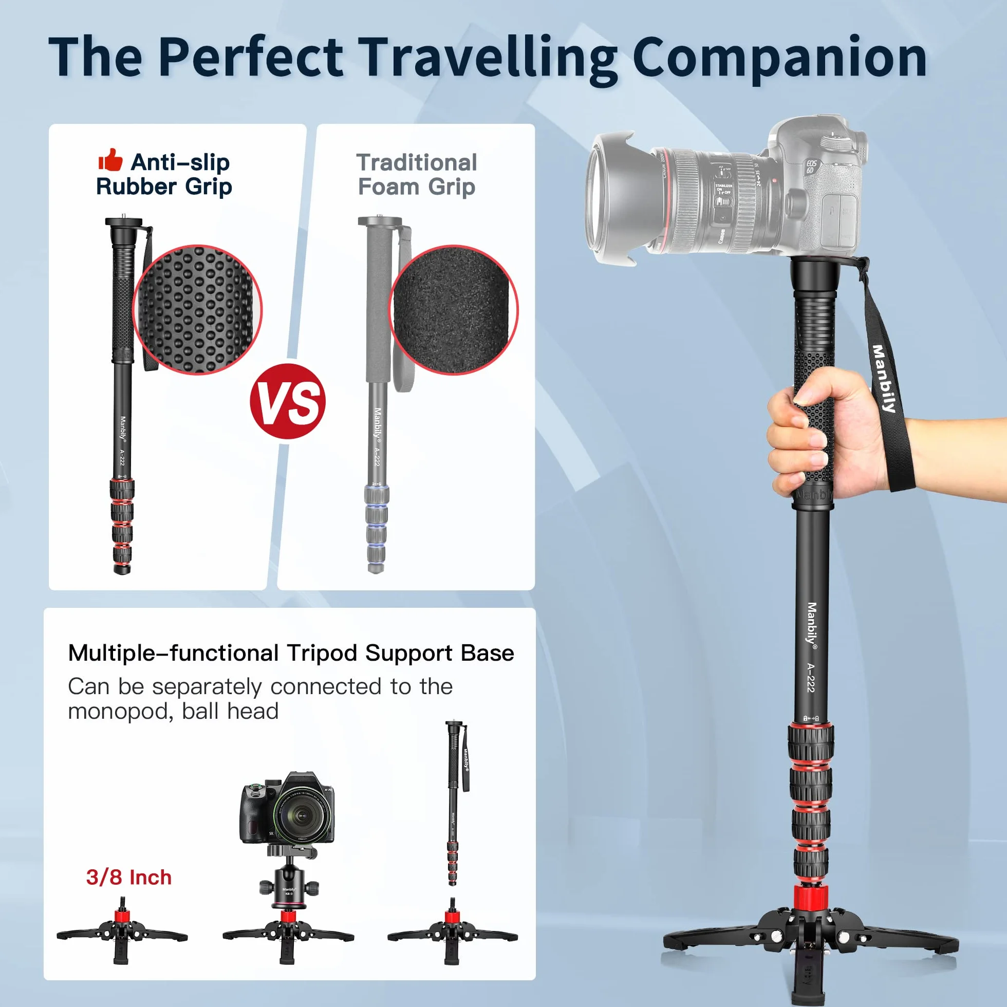 Manbily ausziehbares Kamera-Einbeinstativ aus Aluminium mit Füßen, tragbarer Reise- und abnehmbarer Stativfuß für DSLR Canon/Sony/Handy, 5 Abschnitte bis zu 170 cm, maximale Belastung 15,5 lbs (A-222)