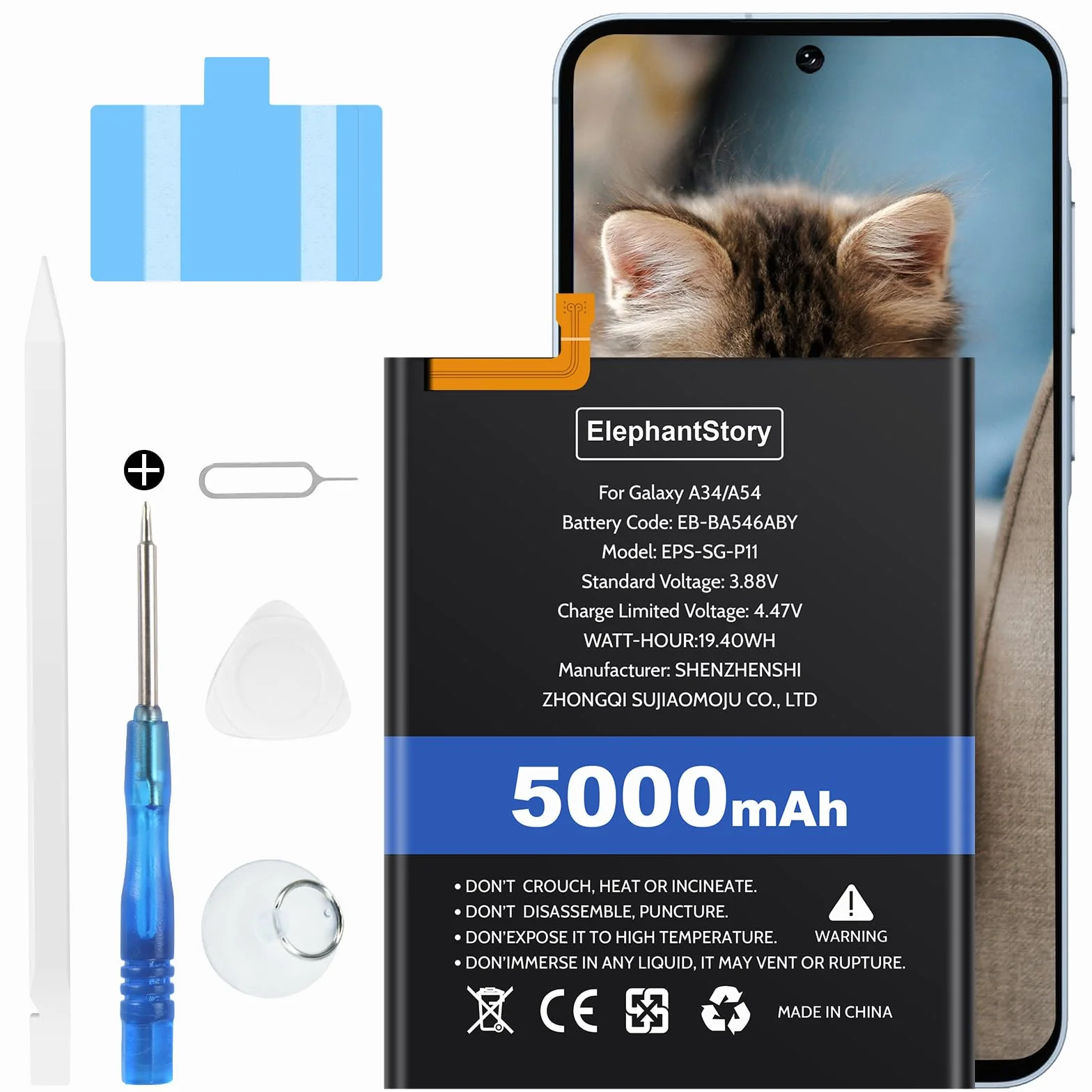 Elephantstory Akku für Smasung Galaxy A54 (A546)/ A34 (A346), 5000mAh Ersatzakku Batteriecode EB-BA546ABY 0 Zyklen Lithium-Polymer Akku mit Reparatur Werkzeugsatz