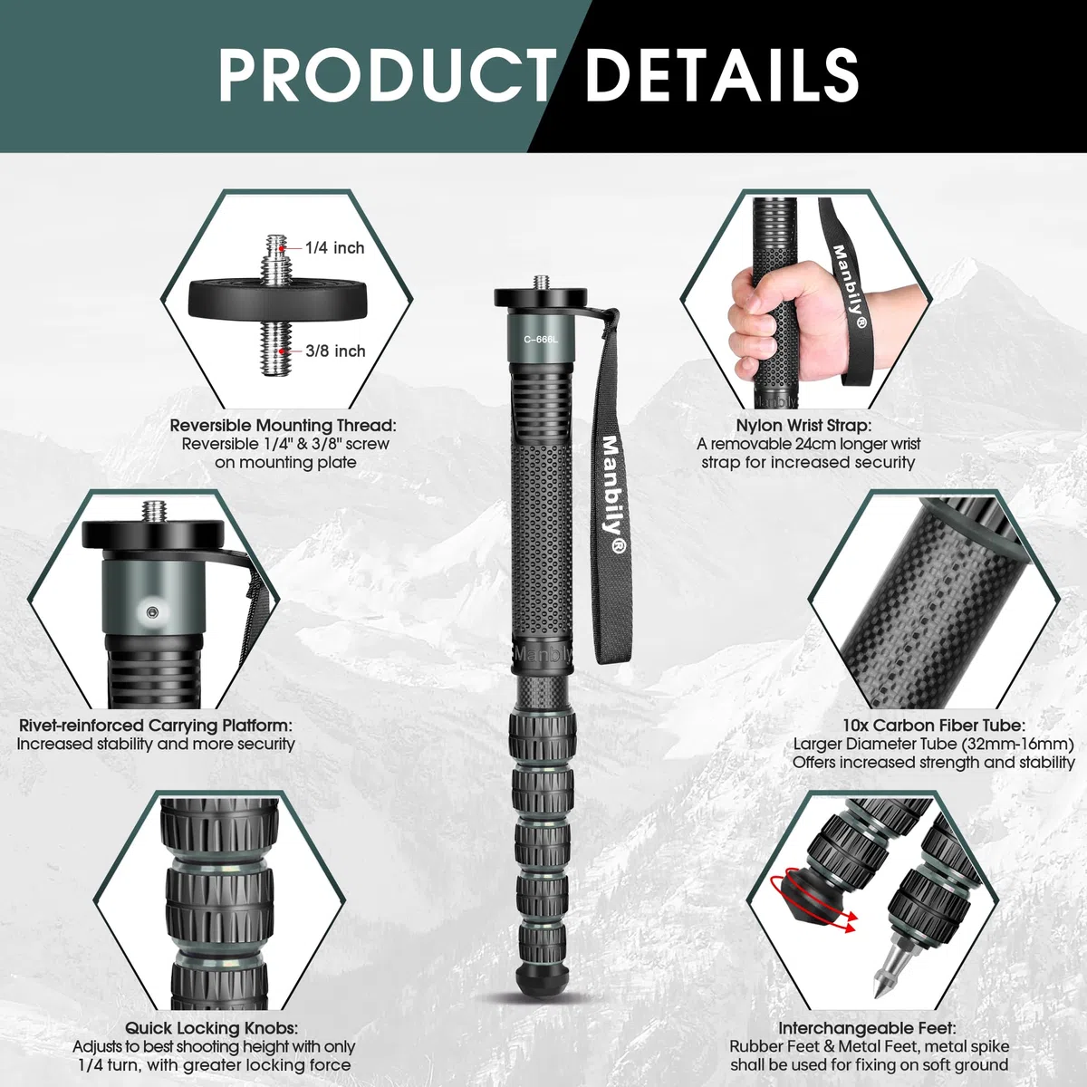 Manbily C-666L 32mm Einbeinstativ Carbon für Kameras 44cm-174cm Kohlefaser Monopod Stativ DSLR Reise-Einbeinstativ 6 Abschnitte Wanderstöcke Max. 15KG, 1/4 & 3/8 Zoll für Videokamera