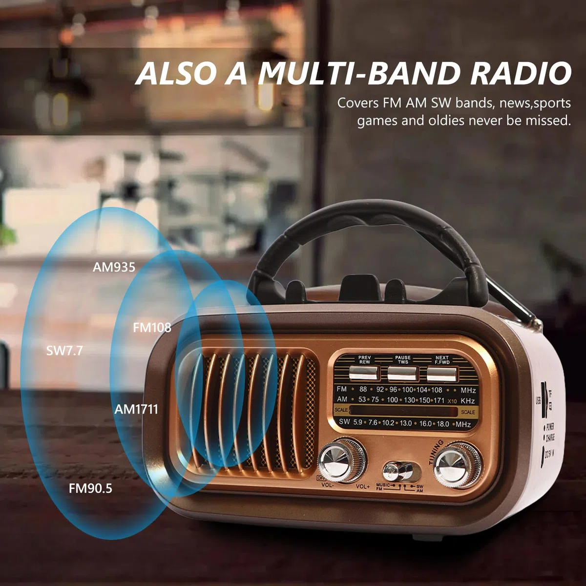 Retro Radio mit Bluetooth, AM/FM/SW Retro Radio Klein Solar Tragbarer Bluetooth Lautsprecher mit 1200mAh Akku, Unterstützt USB/TF, Vintage Radios für Zuhause, Büro, Outdoor