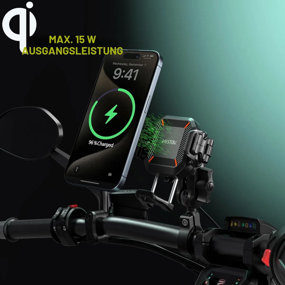 iMESTOU Kabellose USB-C Handyhalterung für Motorrad, Vibrationsdämpfend und Wasserdicht, 2,5 cm Kugel Qi Handyhalterung, Geeignet für 4,7"-7,2" mit max. 15mm Dicke Handys, Passend für 22–32 mm Lenker