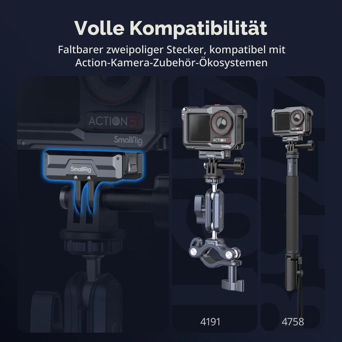 SMALLRIG Magnetic Adapter Mount Magnetische Adapterhalterung für DJI Osmo Action 5 Pro/Action 4 / Action 3 mit einem faltbaren Anschluss und einem 1/4'' Gewindeloch - 3662B