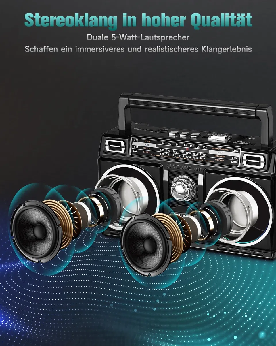 PRUNUS J-750 Retro Radio FM/AM/SW Transistorradio, Tragbares Radio mit 1800mAh Akku, Solar/USB-C Aufladbar, Buntes Licht, Nostalgie Radio mit Bluetooth Unterstützt USB/TF-Karte Spielen.