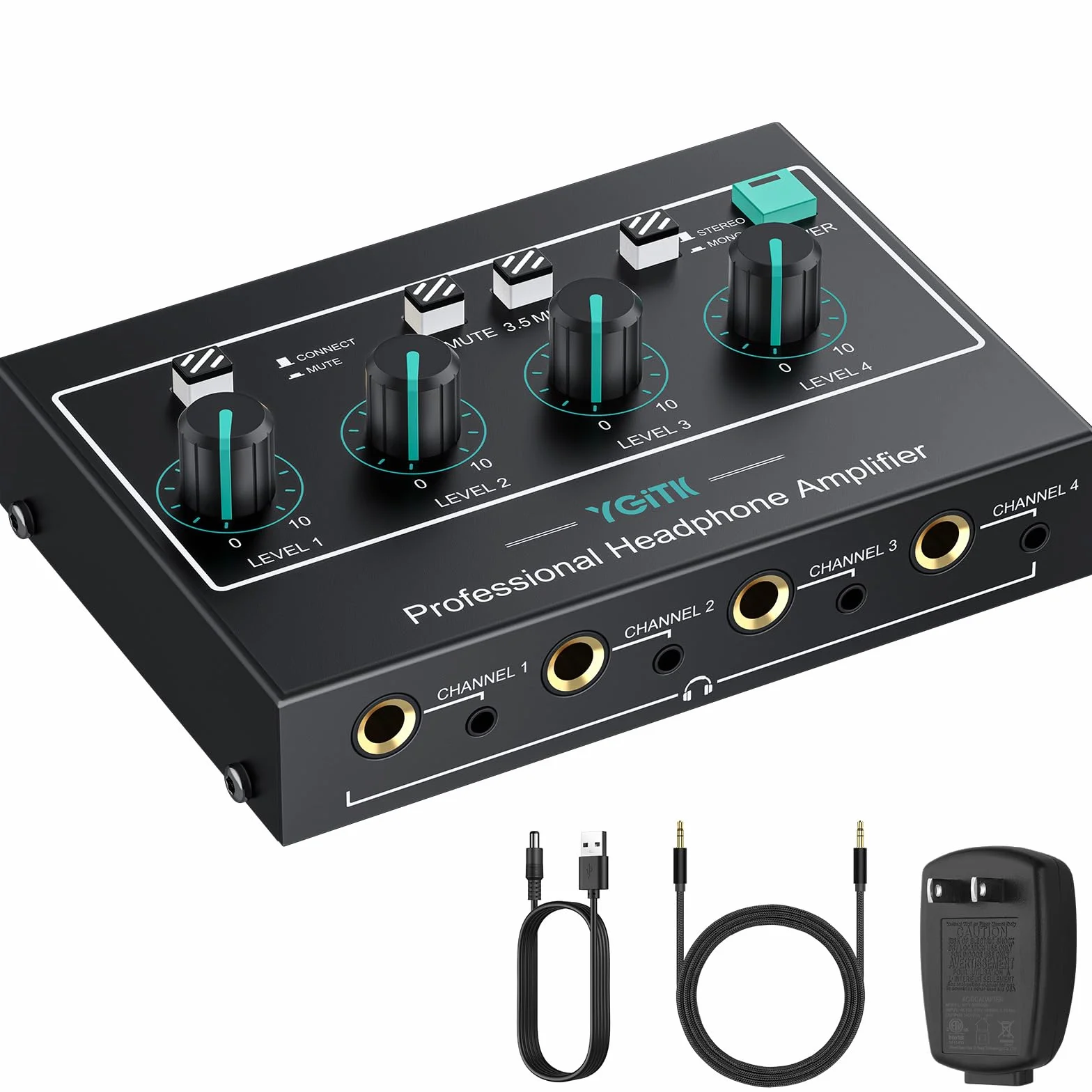 4 Kanal Professioneller Kopfhörerverstärker, tragbar Stereo-Audioverstärker mit RCA/ 3,5mm/ 6,35mm Eingang & 3,5mm/ 6,35mm Ausgang, Stumm, mit Netzteil Audiokabel, Ideal für Studio und Bühne