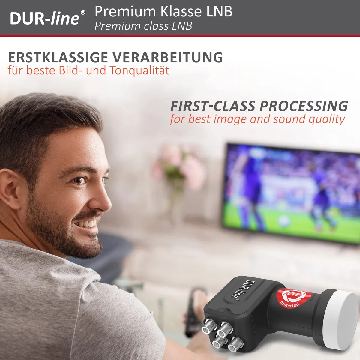 DUR-line +Ultra Quad LNB - 4 Teilnehmer schwarz - mit LTE-Filter [ Test SEHR GUT *] 4-Fach, digital mit Wetterschutz, Full HD, 4K,Premium-Qualität