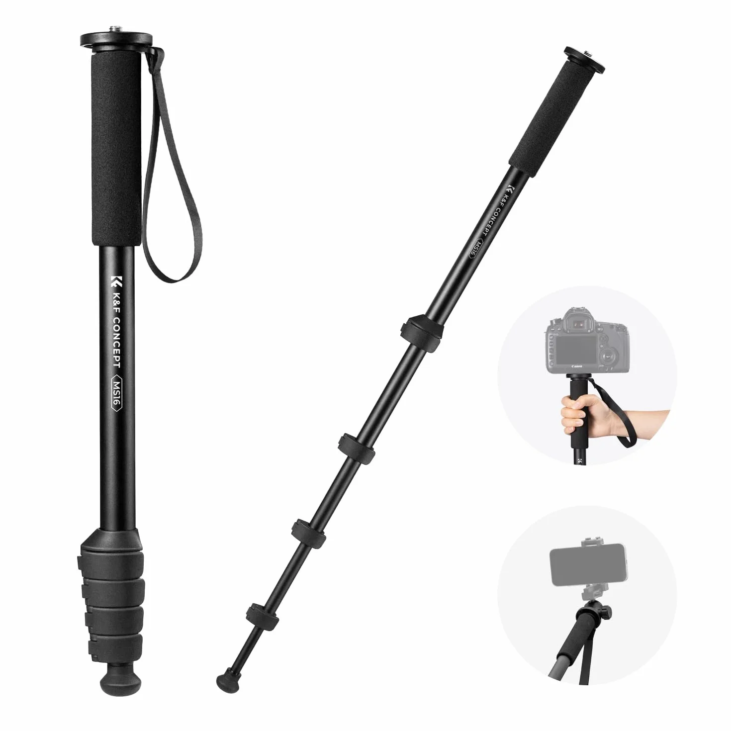 K&F CONCEPT MS16 Einbeinstativ, 63 Zoll Monopod,Stabiles Aluminium-Einbeinstativ mit 5 Sektionen,160cm Reiseeinbeinstativ für DSLR, DSLM und Kompaktkameras,Mit Handschlaufe