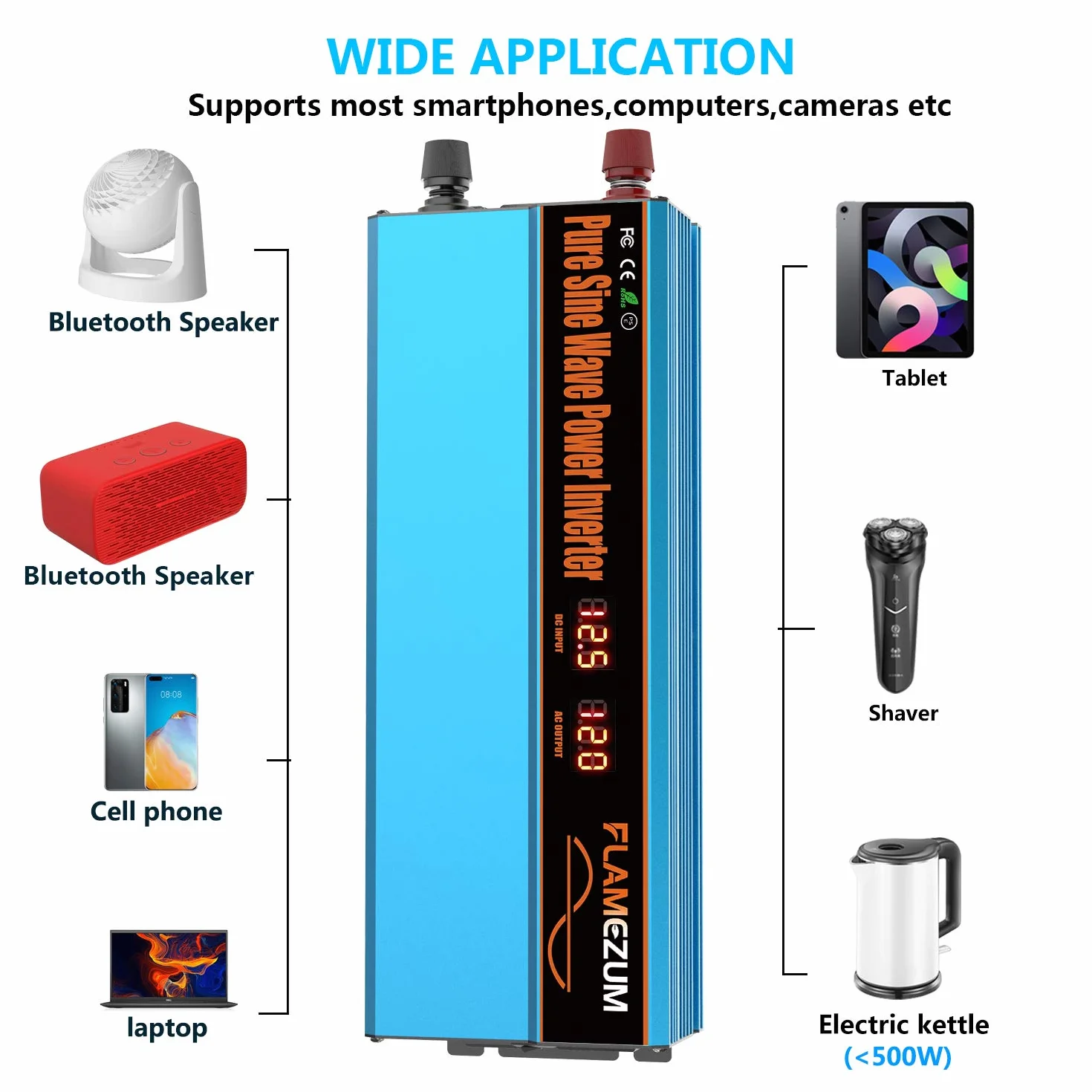 FLAMEZUM 1000W/2000W Wechselrichter 12V auf 230V Reiner Sinus Spannungswandler Pure Sine Wave Inverter mit 1 EU Steckdose und 2 USB-Ports (3.4A) für Auto, Wohnmobil, Camping