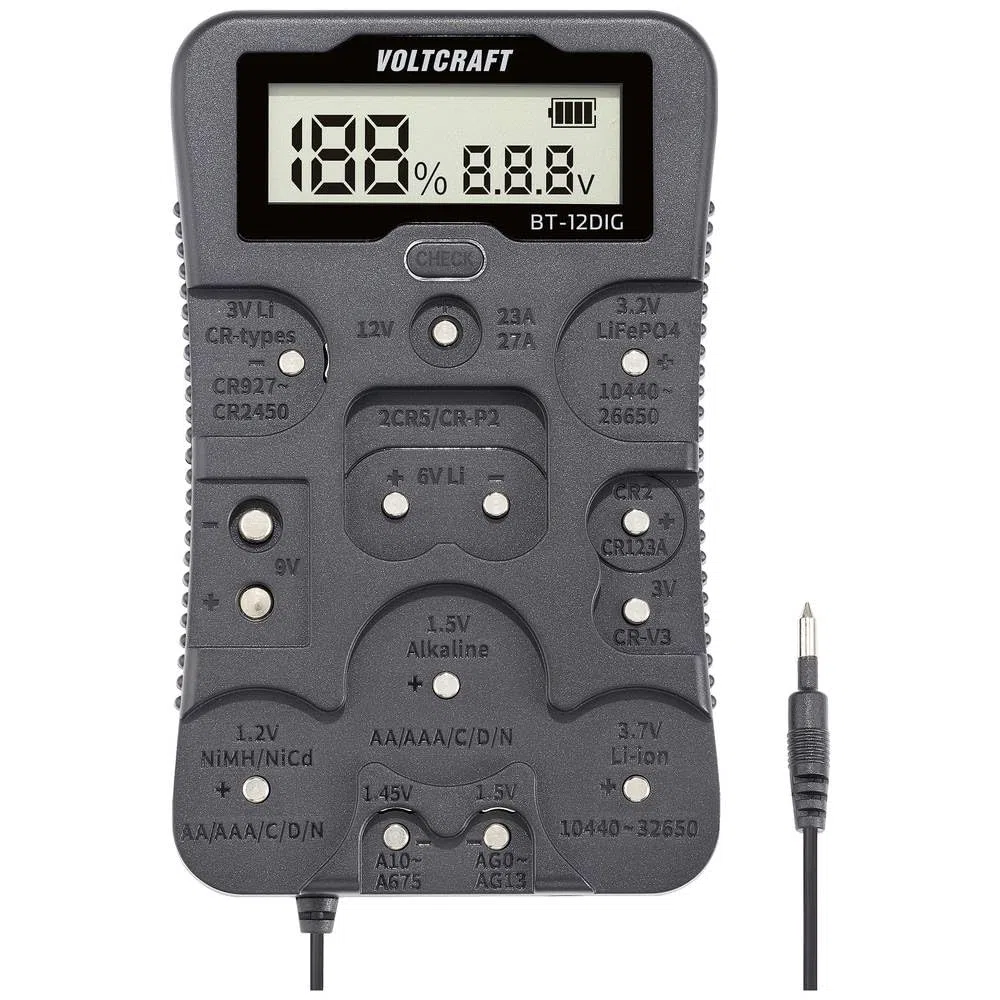 VOLTCRAFT Batterietester BT-12DIG Messbereich (Batterietester) 1,2 V, 1,5 V, 3 V, 3,7 V, 6 V, 9 V, 12 V Batterie, Akku