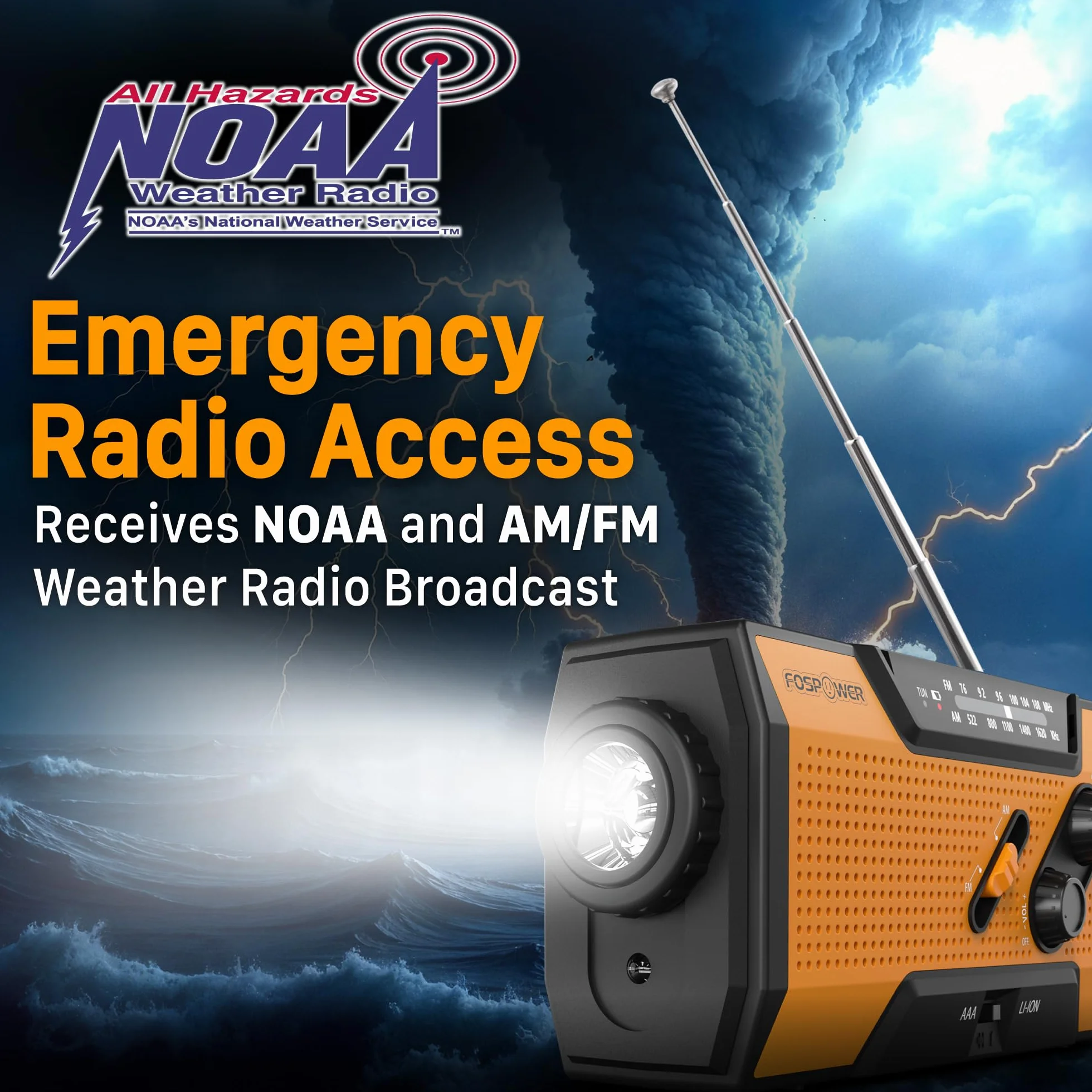 FosPower - Notfallradio NOAA/AM/FM mit 7400mWh (2000mAh) Tragbare Powerbank - Aufladung per USB/Solar/Handkurbel, Batteriebetrieben, SOS-Alarm & Taschenlampe für Notfälle drinnen und draußen