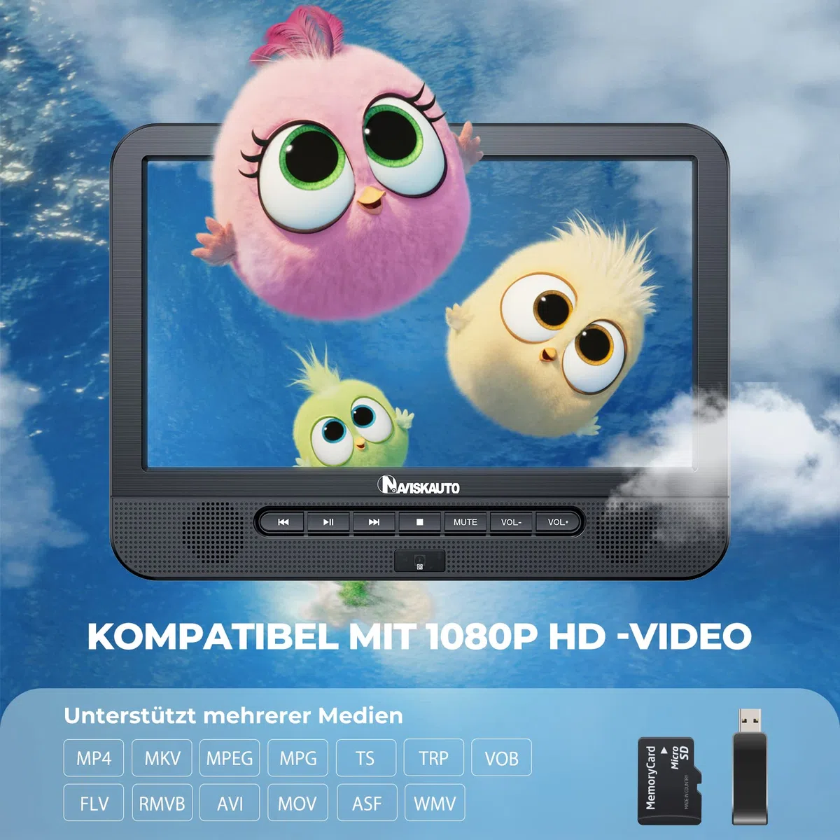NAVISKAUTO Blu Ray DVD Player Auto 2 Bildschirme 10,1" Mit 4 Stunden Akku, tragbarer Bluray DVD Player 2 Monitore Kopfstütze HDMI Ausgang USB SD