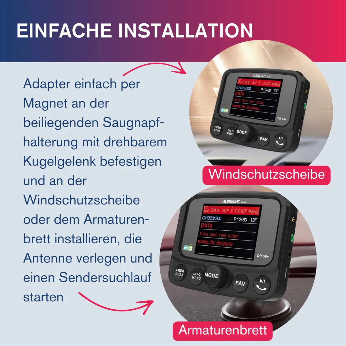 Albrecht DR 56+ DAB+ Adapter zum Aufrüsten von Auto-Radios mit TFT Display, 27256, mit FM-Transmitter für Musik-Streaming über das Handy, schwarz