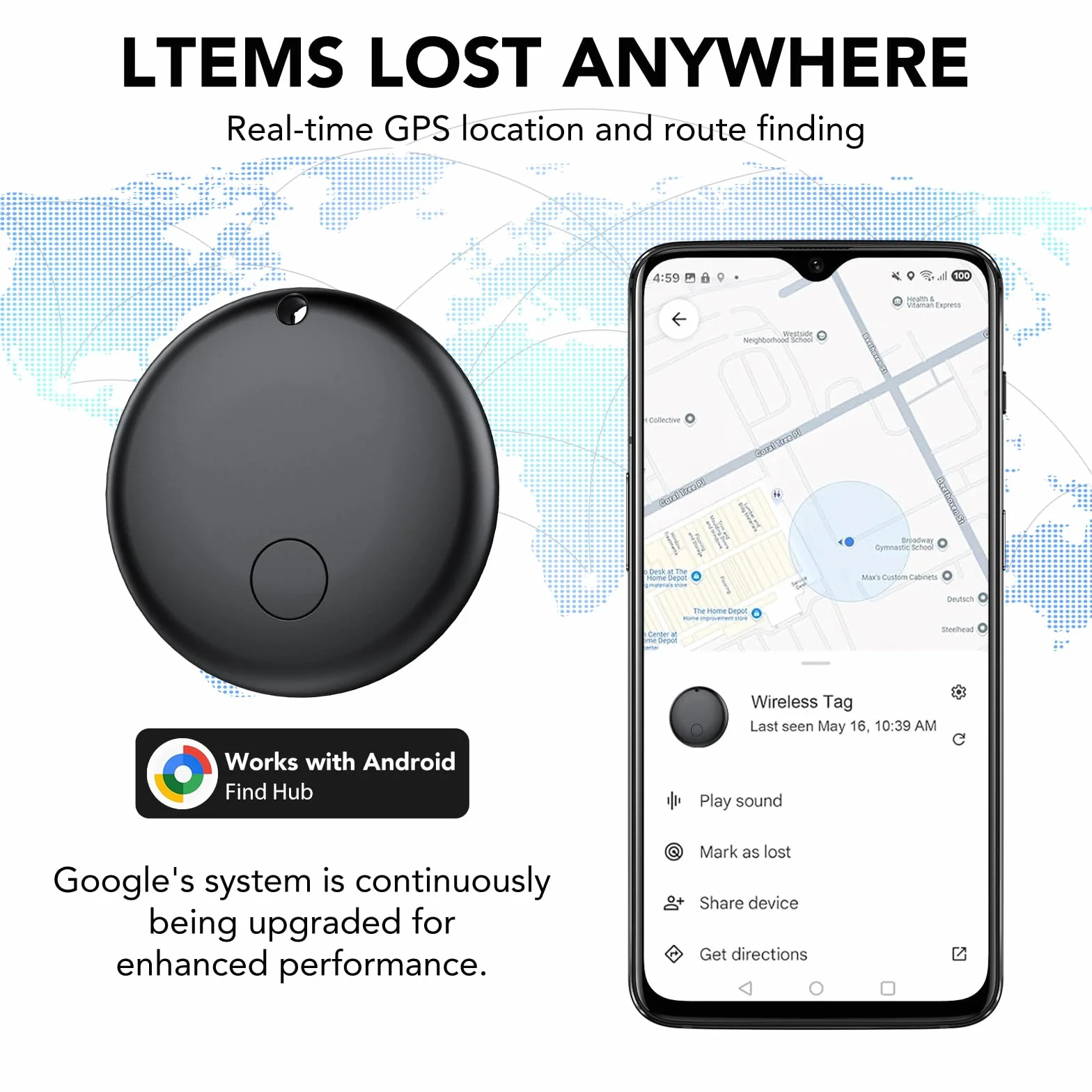 Tracker Tag Android Smart Tag, Schlüsselfinder KeyFinder kompatibel mit Google Mein Gerät Finden APP (Android NUR), Bluetooth Key Finder für Gepäck/Taschen/Koffer/Brieftasche (4er Pack)