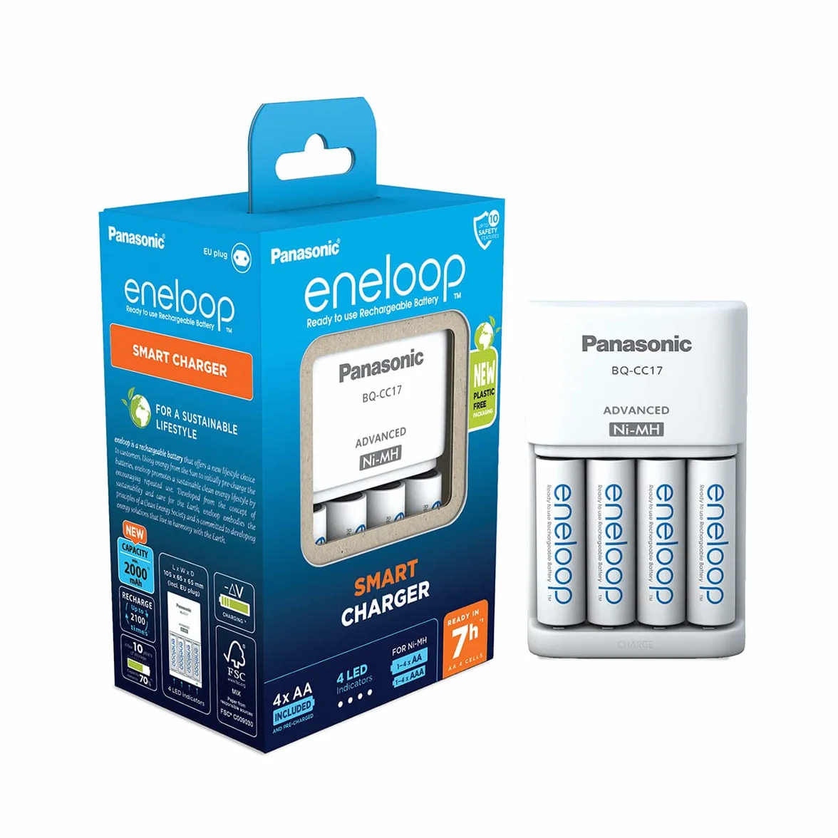 eneloop Smart-Ladegerät für 1–4 AA/AAA NI-MH-Akkus, mit 4 eneloop AA/Mignon-Akkus mit verbesserter Kapazität und 7 Sicherheitsfunktionen