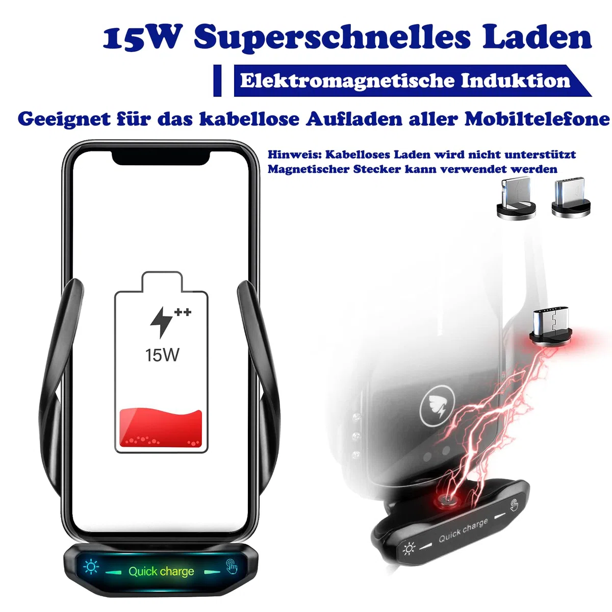 15W Handyhalterung Auto mit Ladefunktion,【induktiver Schalter】 Qi Induktive Ladestation Auto Kfz Ladegerät Zubehör Wireless Charger Car für jedes Mobiltelefon (Schwarz)