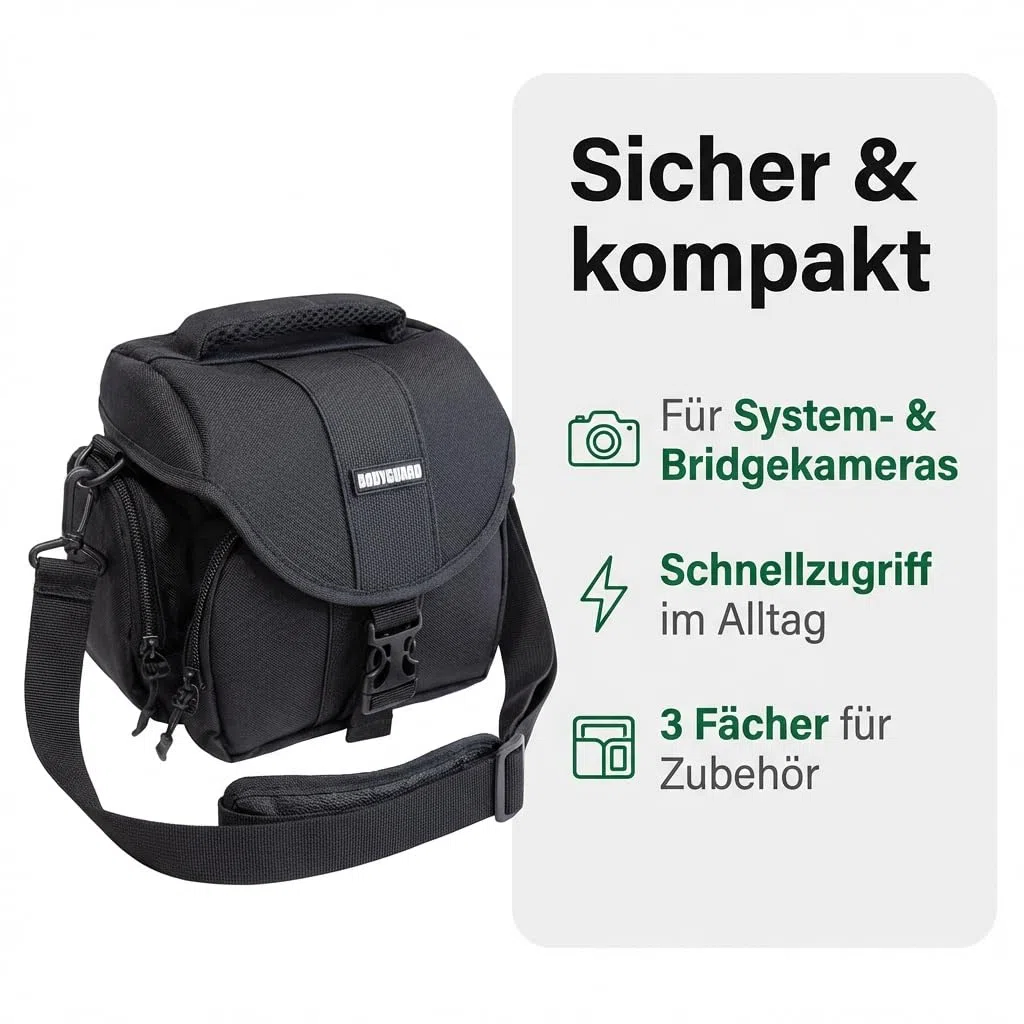 Bodyguard Fototasche Für System Bridgekameras und kleine DSLR Kameras Panasonic FZ82 FZ200 FZ300 FZ1000 FZ2000, Sony HX400V, Nikon B500 B600 B700 Canon EOS M50 M100 Sony Alpha 6000 - XL