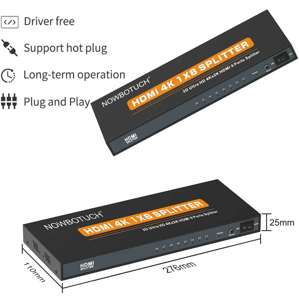 1x8 HDMI Splitter 8 Port 1 in 8 Out HDMI Switch 1 Port auf 8 HDMI Display Doppel- / spiegelbetriebener Splitter Ver 1.4 Zertifiziert für Full HD 1080P 3D-Unterstützung mit hoher Auflösung