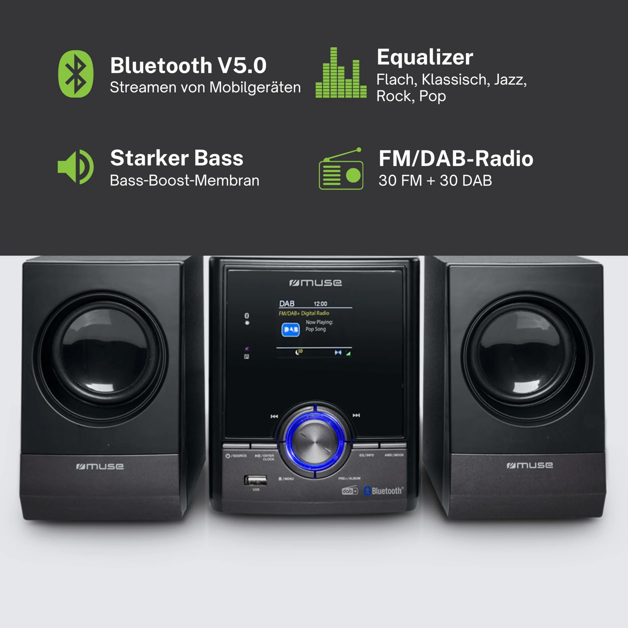 MUSE Stereoanlage, Kompaktanlage mit CD-Player & DAB Radio, Mini Stereoanlage mit 2 Lautsprecher, Musikanlage mit FM/DAB+ Digital-Radio, Bluetooth & AUX, MP3 & Spotify, Musik-Anlage Kompakt