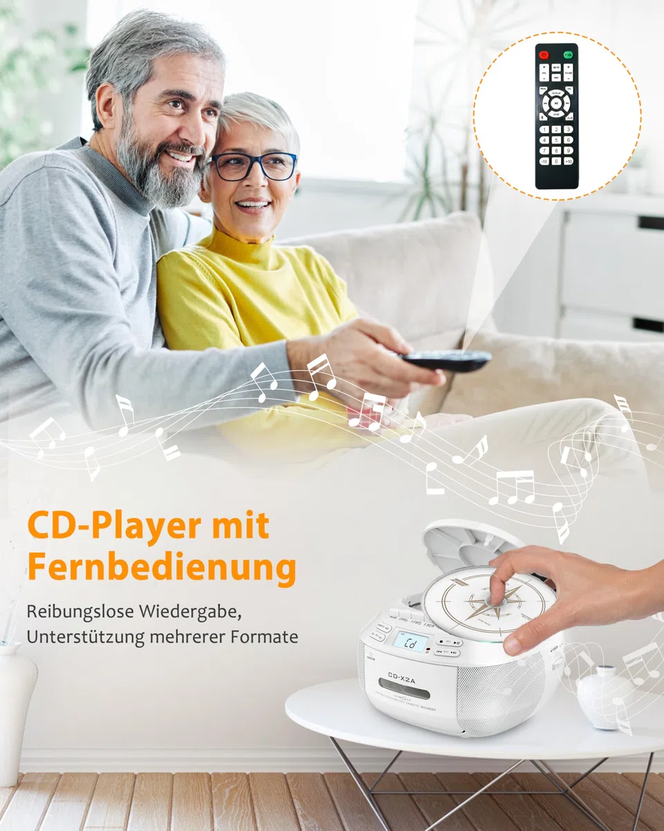 Greadio Tragbarer CD Player, Boombox Kassettenspieler mit Bluetooth, FM Radio mit Fernbedienung, AUX-/USB-Wiedergabe, Kassettenrekorder, AC-Kabel/Batteriebetrieb, LCD-Bildschirm für Kinder (White)