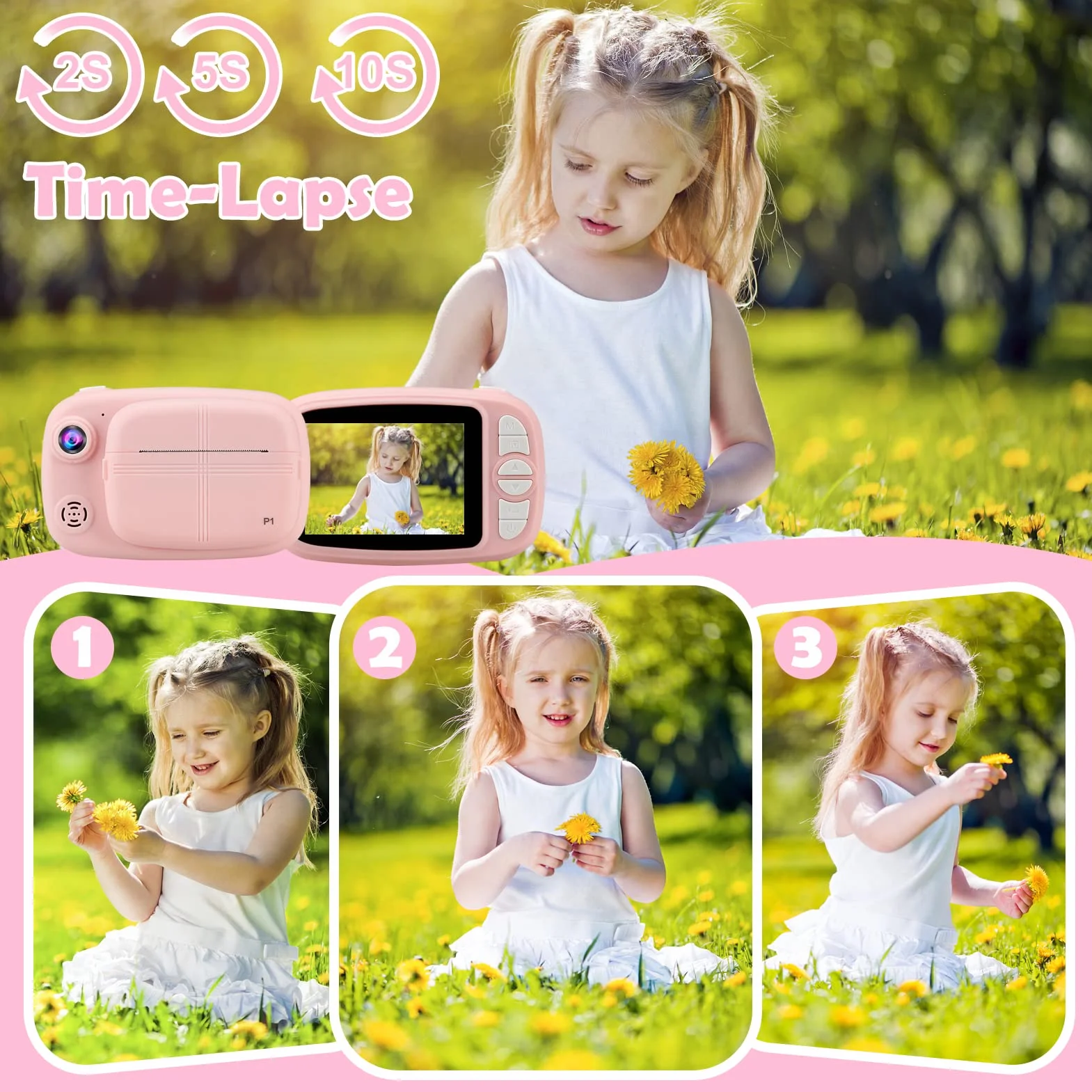 Sofortbildkamera Kinder, Instant Digitalkamera 3.5" 1080P Zero-Ink Sofortbildkameras Kamera mit 4 Rollen Druckpapier, 32GB TF-Karte Digital Kinderkamera Geschenke Junge für 3-14 (Rosa)