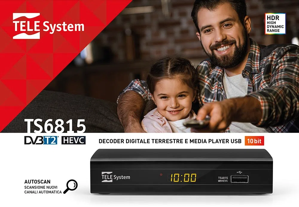 Tele System Digital Terrestrial Decoder TS6815/02 DVB-T2 HEVC 10 bit-HD HDR HLG Technologie-AUTOSCAN und LCN für logische Senderreihenfolge-Aktualisiertes EPG- Media Player-Fernbedienung inklusive