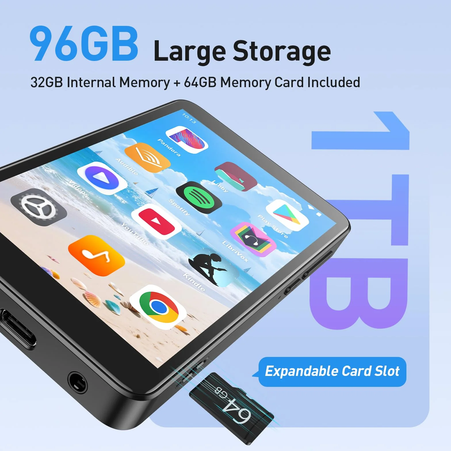 AGPTEK 96 GB MP3 Player Spotify mit Bluetooth und WLAN, 4 Zoll Touchscreen Android 14 MP4-Musikplayer, Unterstützung von Audible, APP, FM Radio, Amazon Musik, bis zu 1 TB, Schwarz