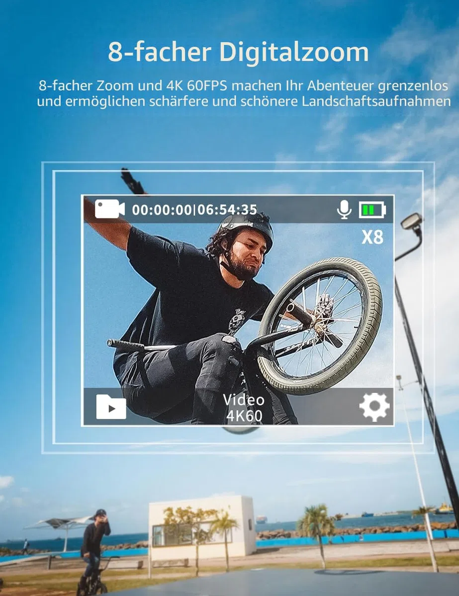 Apexcam M80 Action Cam 4K60FPS 48MP WLAN Sportskamera 40m Wasserdicht 8X Zoom 2.4G Fernbedienung 2x1350mAh Akkus