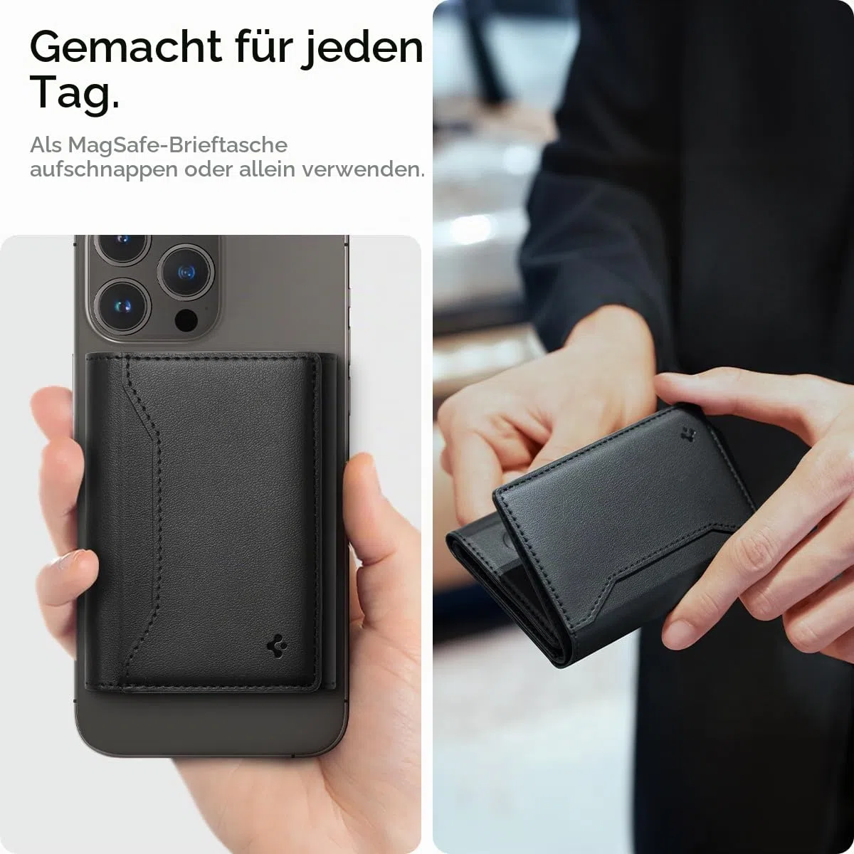 Spigen Valentinus S MagFit Magsafe Wallet 7 Kartenfächer, Geldscheinfach, Apfelleder, RFID-Schutz, Multifunktionaler Ständer für iPhone 17/16/15, MagSafe-Modelle, Google Pixelsnap - Schwarz