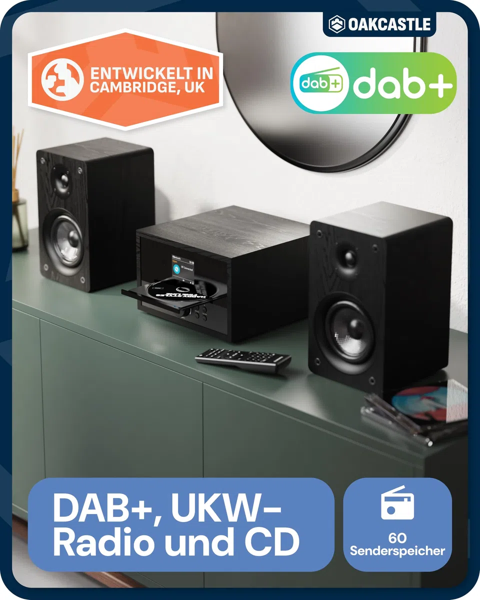 OAKCASTLE DAB400 HiFi DAB Radio mit CD Player | 60W 2.0 Stereoanlage | UKW Radio HiFi Anlage mit Bluetooth 5.2 | Kompaktanlagen mit Farbdisplay & Inklusive Fernbedienung | Mini Musikanlage CD Spieler