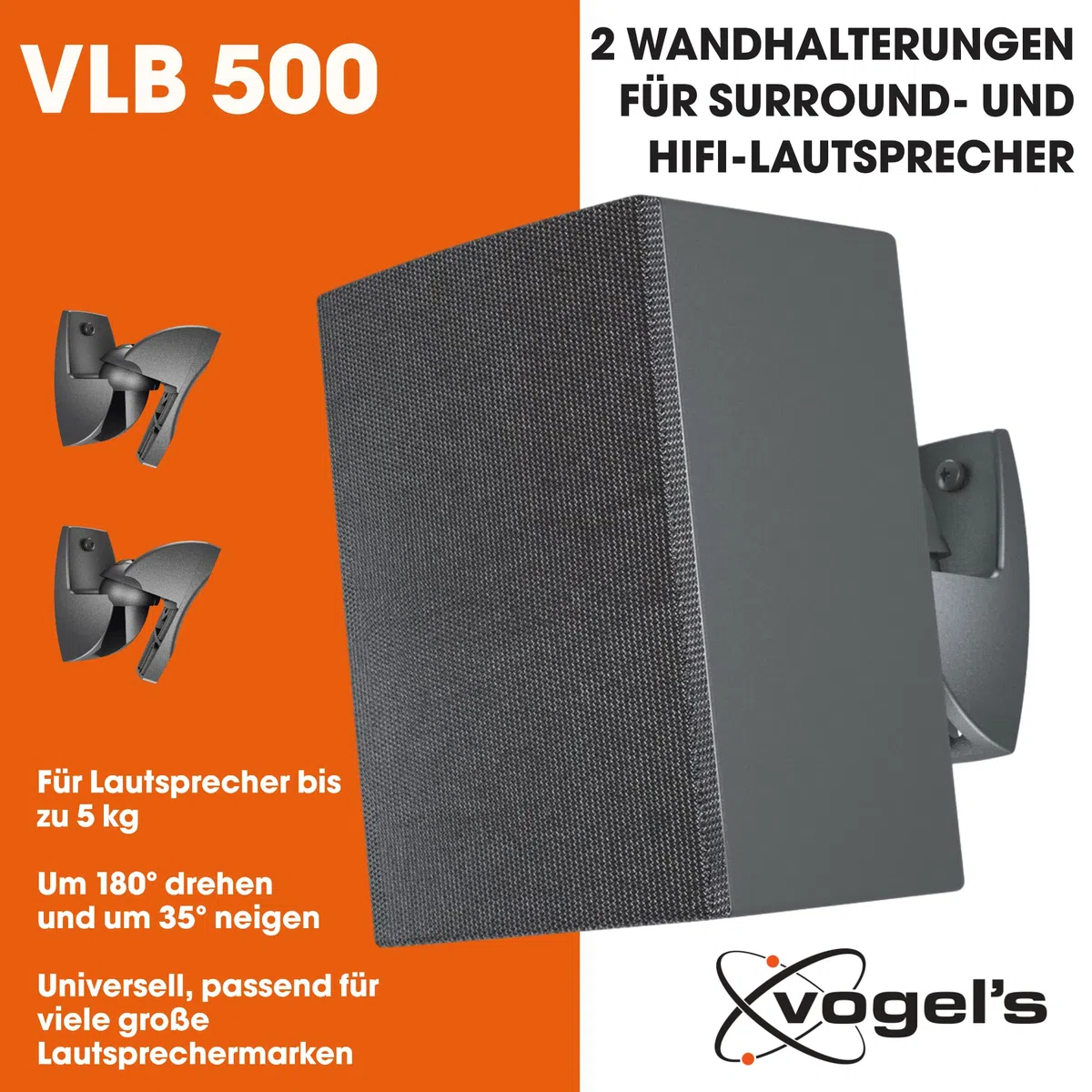Vogel's VLB 500 Lautsprecher Boxen Wandhalterung Set | schwenkbar und neigbar | vormontiert | max. 5 kg | Umweltfreundliche Verpackung | Schwarz (2X)
