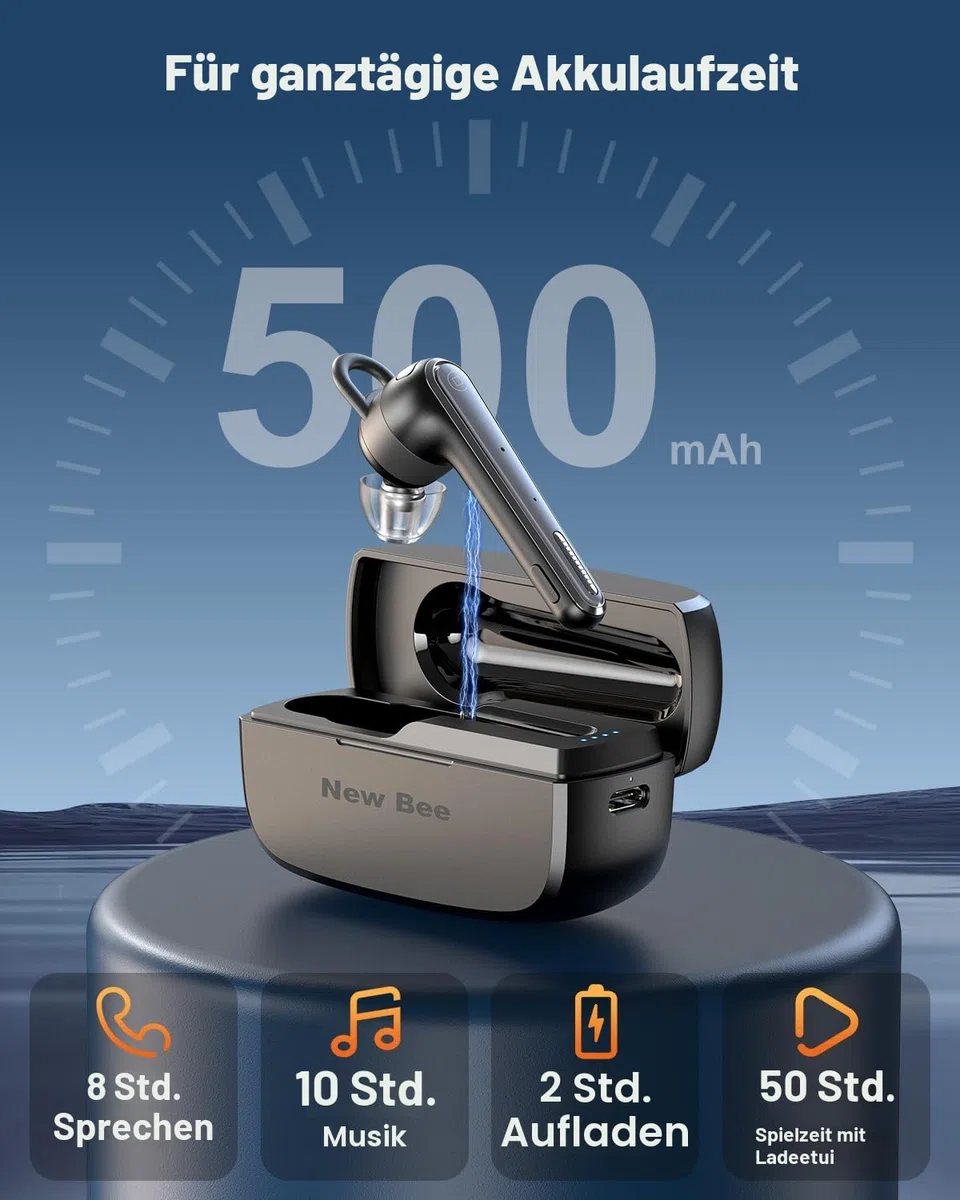 New Bee Bluetooth Headset Ultraleicht Wireless Freisprech Headset V5.1, CVC 8.0 Dual ENC Geräuschunterdrückung Mikrofon 50h Gesprächszeit Bluetooth-Ohrhörer mit Ladecase für iPhone,Android,Laptop