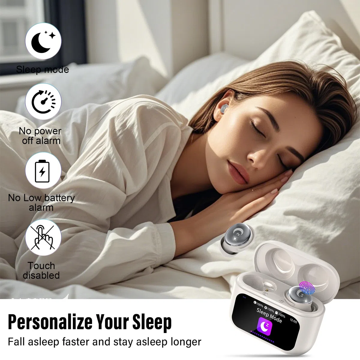 VEKJ Bluetooth Kopfhörer, Mini 48H Schlafkopfhörer Bluetooth 5.4 mit Touchscreen, 2025 Neue in Ear Kopfhörer Kabellos mit ENC Noise Cancelling, IPX7 Ohrhörer mit Immersiver Deep Bass Ohrhörer, beige