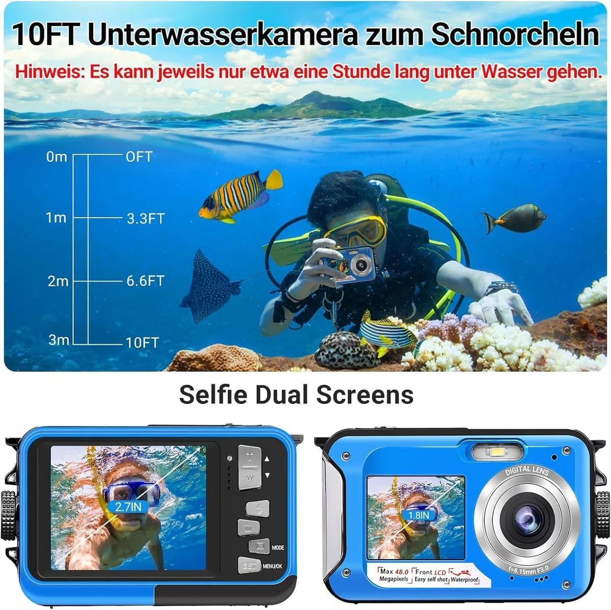 Unterwasserkamera Full HD 2.7K 48MP 10FT Kamera Wasserdicht Dual Screen 16X Digital Zoom Schnorcheln wasserdichte Digitalkamera fü r Selbstauslöser Unterwasser, Schwimmen, Urlaub