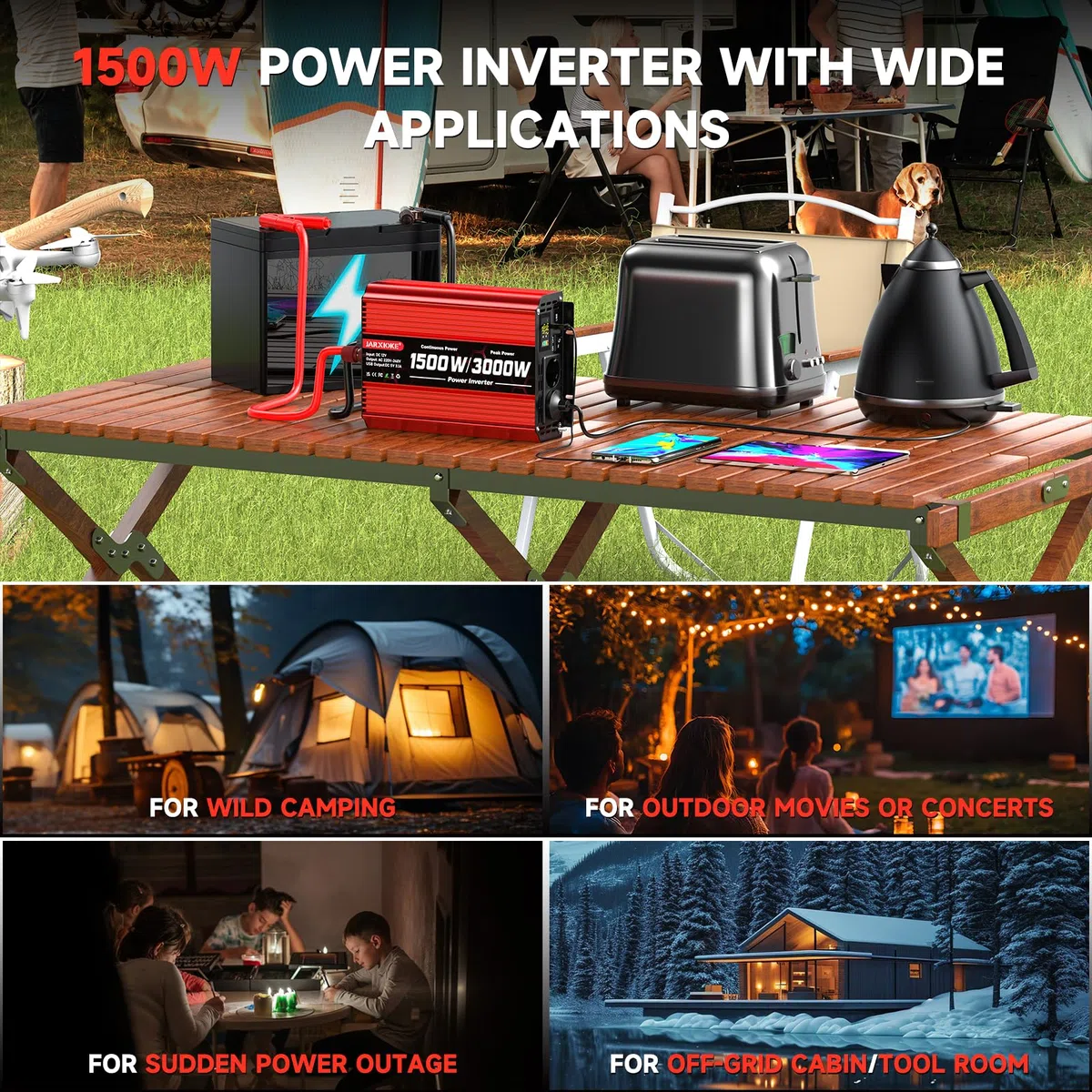 1500W Wechselrichter DC 12V auf AC 230V Spannungswandler 2 AC Steckdose & USB Port Stromwandler mit LCD Display,Power Inverter für Auto KFZ Wohnwagen LKW