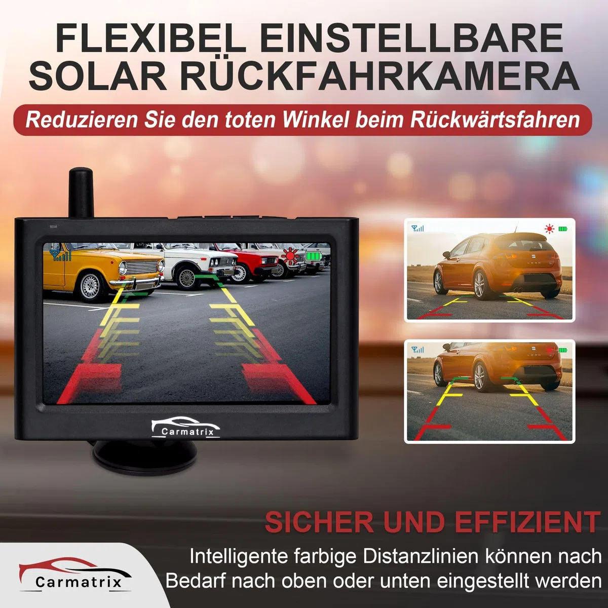 Funk Solar Auto Rückfahrkamera solarbetrieben im Nummernschild mit 4,3 Zoll Monitor Rückfahrsystem Solarpanel kabellos Digital