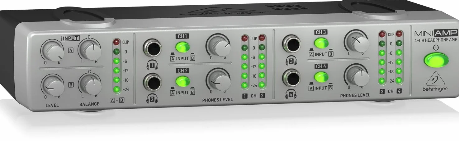 Behringer AMP800 V2 4-Kanal-Stereo-Kopfhörerverstärker, ultrakompakter Kopfhörer-Verteilerverstärker mit 8 Ausgängen, zwei Stereo-Eingängen und LED-Pegelanzeige für Studio-Monitoring