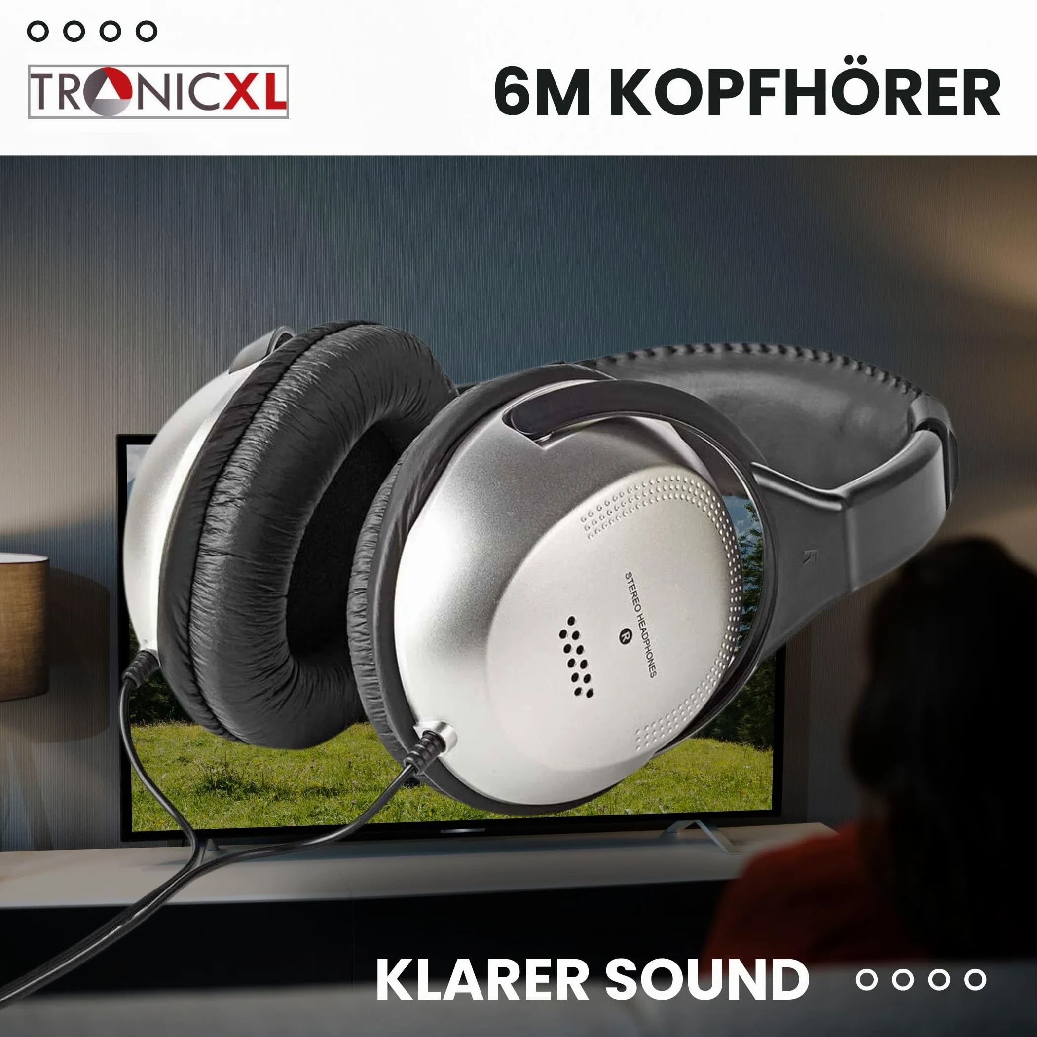 TronicXL Fernsehkopfhörer Kopfbügel Kopfhörer I 6m langes Kabel I Stereo TV Fernseh Headphones Fernseher PC HiFi I Bügel Kopfhörer 3,5mm Klinke 6,35mm Klinkenstecker I kabelgebunden Kabel lang
