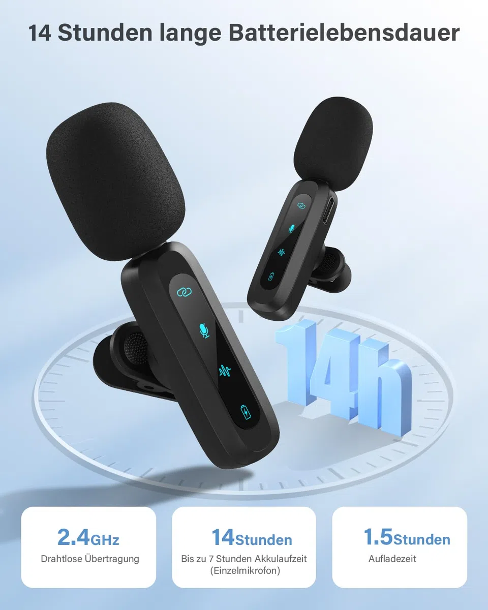 Kabelloses Lavalier-Mikrofon für iPhone, iPad, Android-Handy, 2er-Pack Mini-Mikrofon mit Rauschunterdrückung, Auto-Pairing und Stummschaltung und Reverb für Vlogging, Videoaufnahmen, TikTok, YouTube