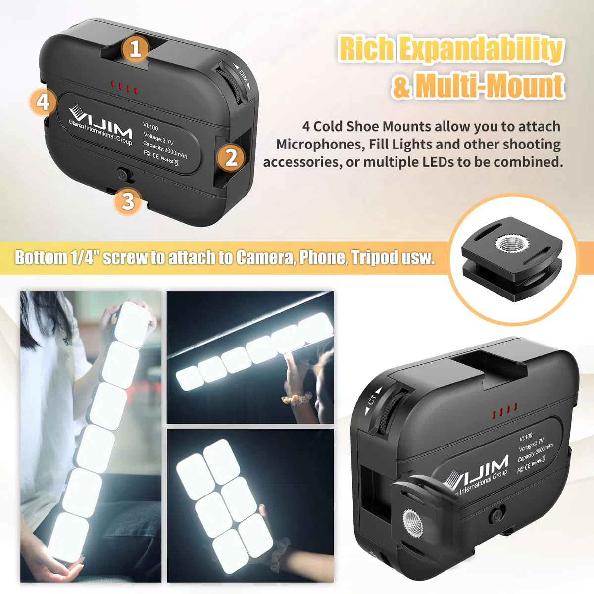ULANZI VL100C LED Videoleuchte mit 2000mAh Akku, CRI95+ Kameralicht 2500K-6500K dimmbar, Cold Shoe Mount & USB-C Schnellladung für YouTube, TikTok Live, Portraitfotografie