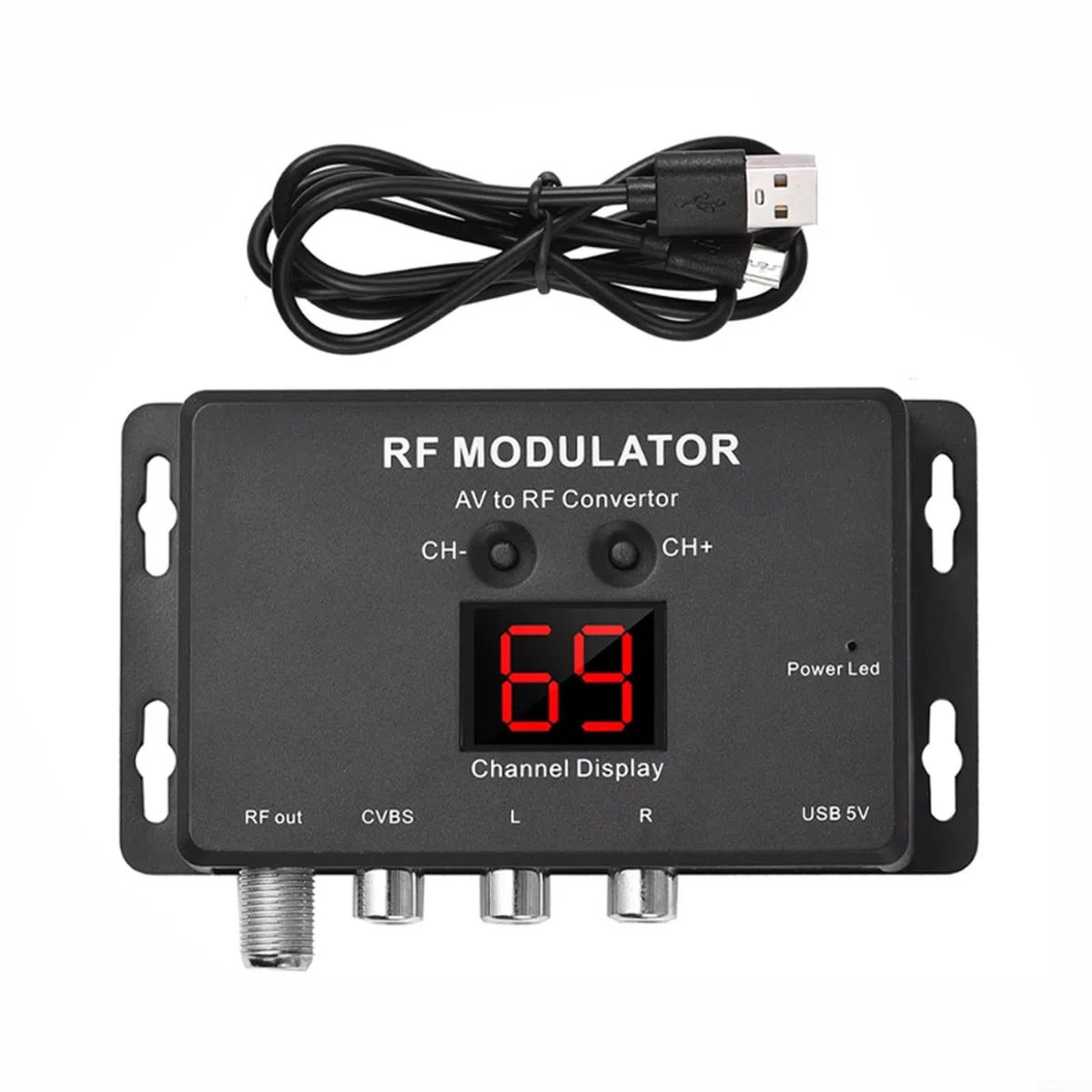 RF Modulator M60 AV zu RF Konverter für PAL NTSC TV Formate 471,25–885,25MHz UHF Ausgang 75Ω USB Stromversorgung Schwarz