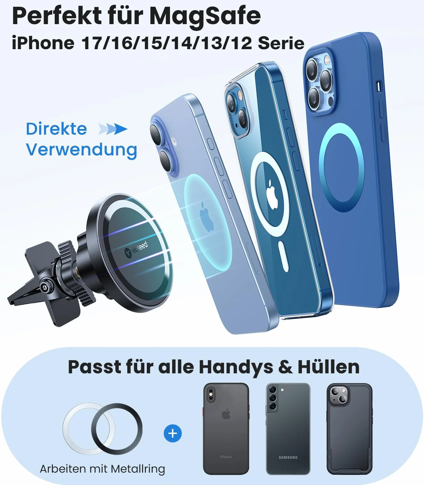 VICSEED Handyhalterung Auto Magnet Lüftung für Magsafe Autohalterung [Starker Magnet mit 20 xN55] Magnetische KFZ Handy Halterung Kompatibel für iPhone 17 16 15 14 13 12 Pro Max Samsung S25 Ultra usw