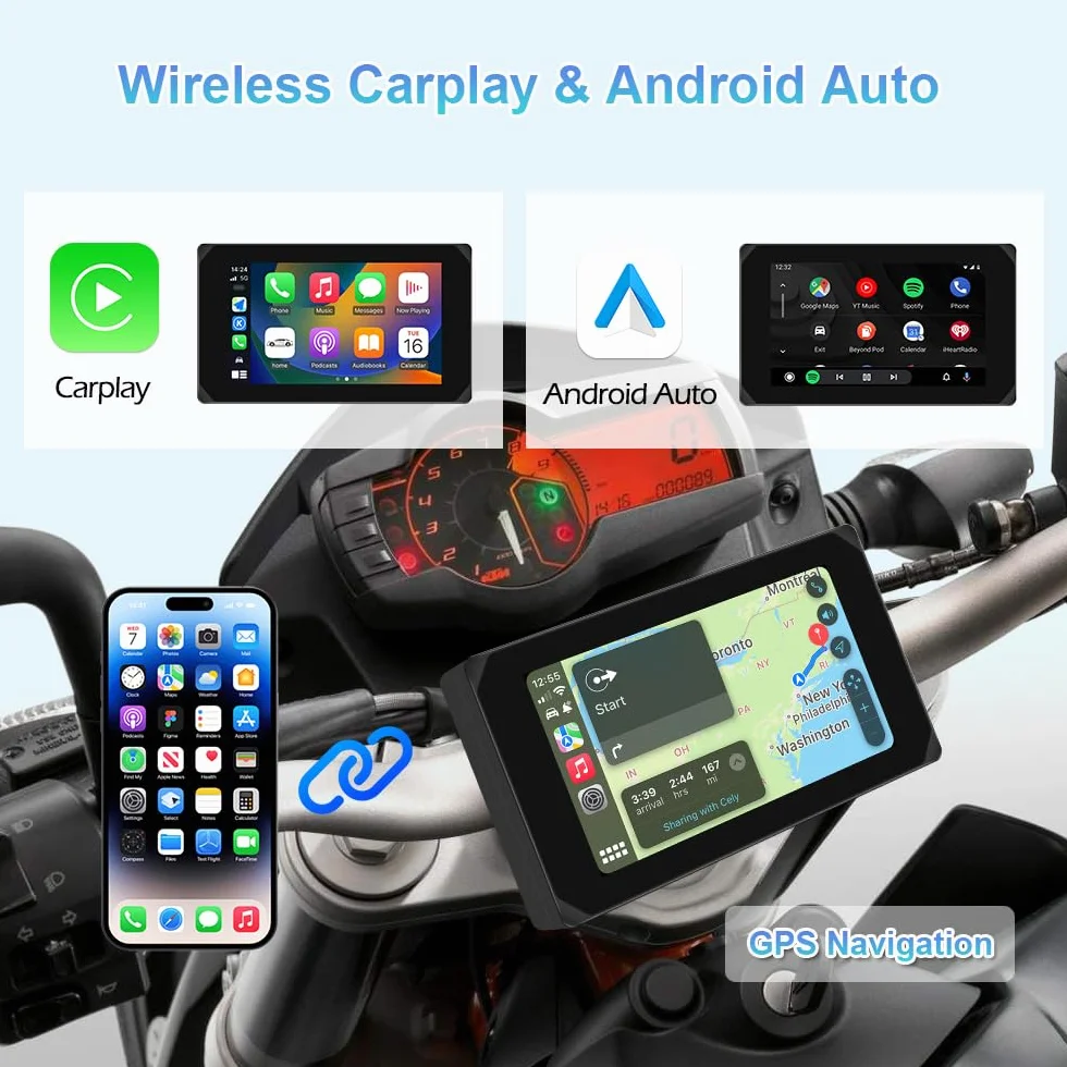 VSYSTO Motorrad Carplay Bildschirm, Wireless Carplay und Android Auto, GPS Navigation, Reifendrucksensoren, Touchscreen WiFi HD 1080P Vorder- und Hinterkamera Motorrad Dash Kamera (CS5)